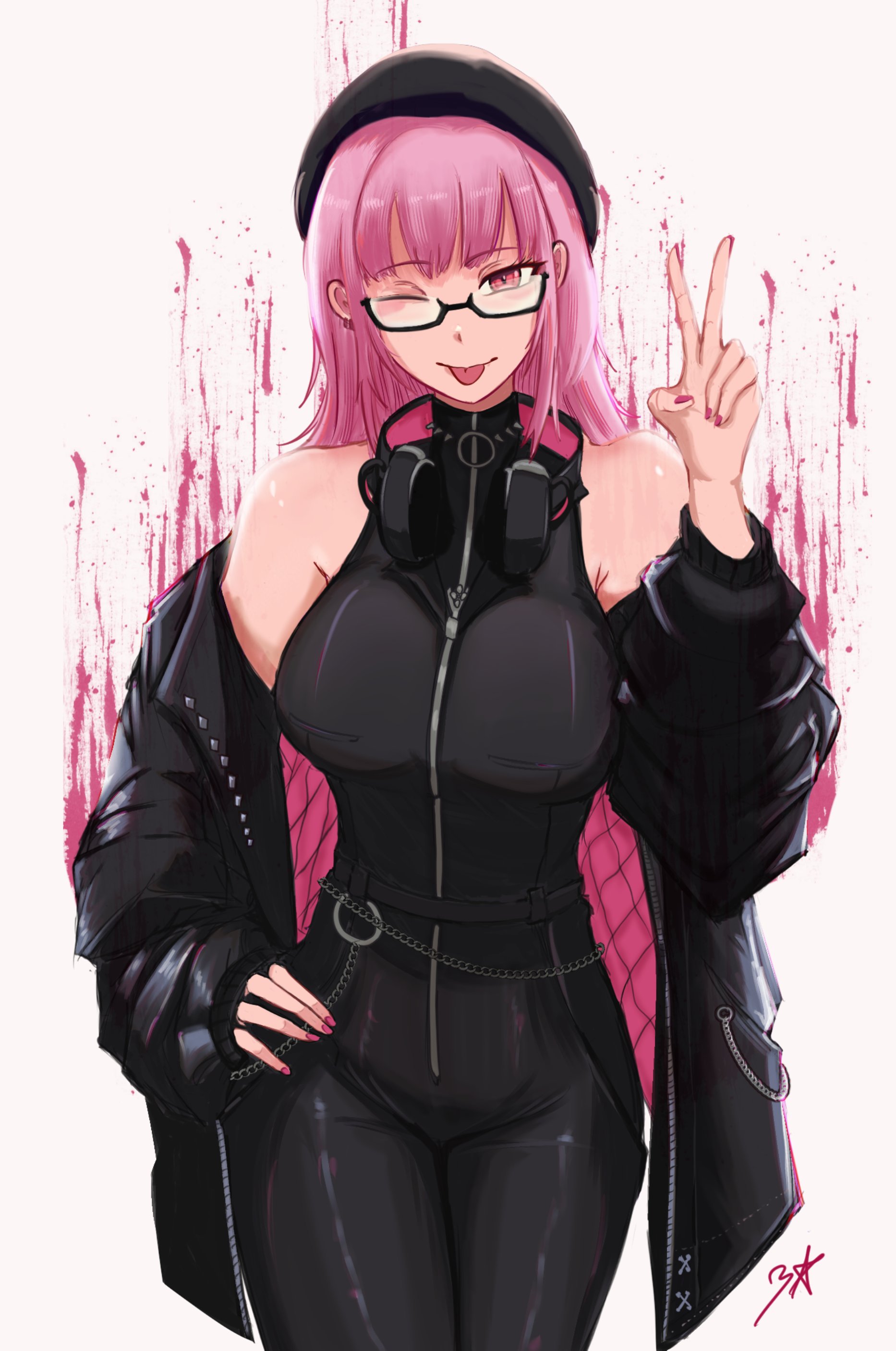 zuardstar, mori calliope, mori calliope (the story thus far), hololive, hololive english, absurdres, highres, 1girl, alternate costume, beanie, black bodysuit, black jacket, black jumpsuit, blunt bangs, bodysuit, breasts, hat, headphones, headphones around neck, jacket, jumpsuit, large breasts, long hair, looking at viewer, official alternate costume, open mouth, pink eyes, pink hair, quilted jacket, red eyes, simple background, sleeveless jumpsuit, smile, solo, two-sided fabric, two-sided jacket, virtual youtuber, white background