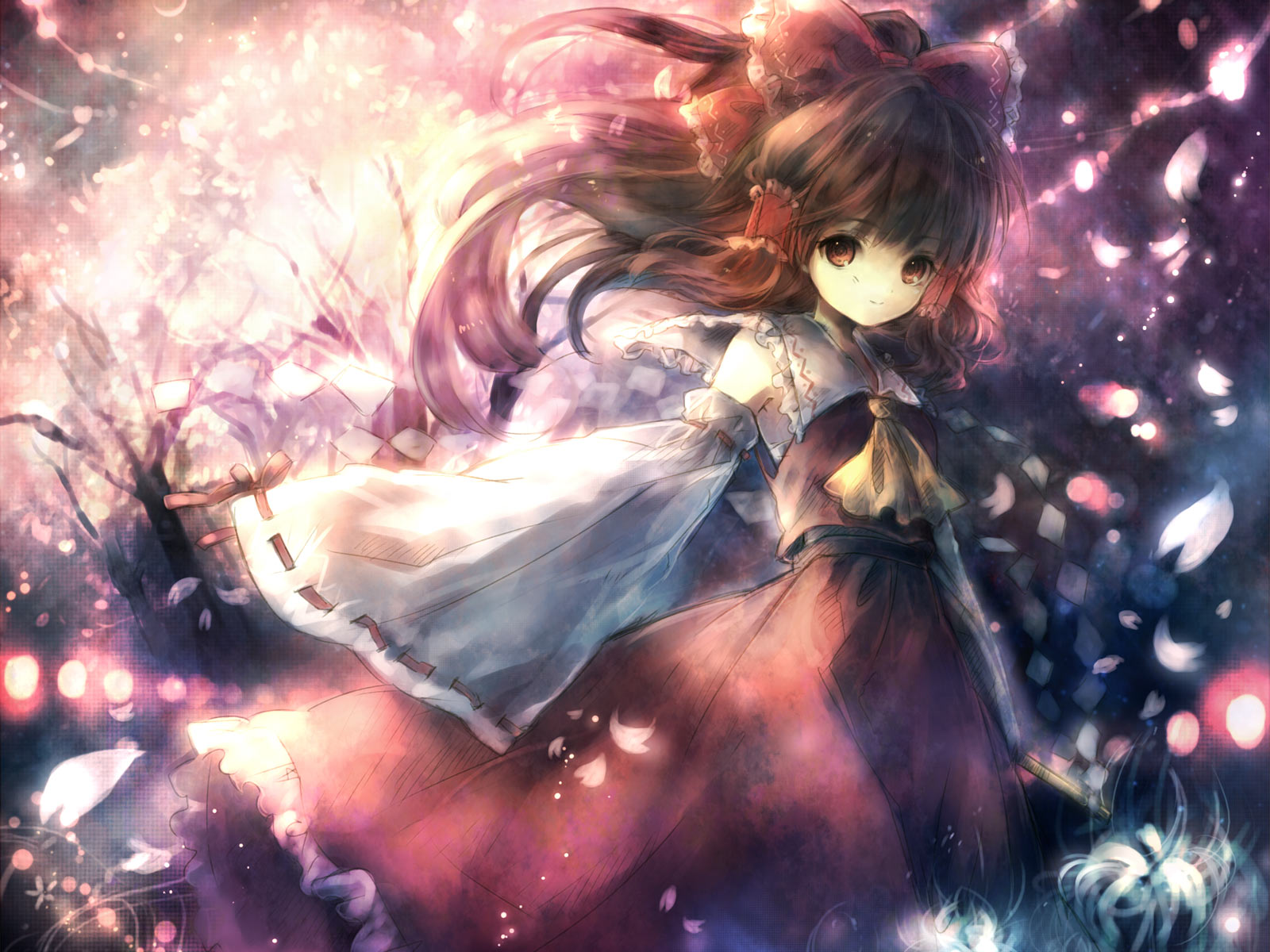 onineko, hakurei reimu, touhou, highres, 1girl, bow, brown eyes, brown hair, detached sleeves, female focus, flower, gohei, hair bow, japanese clothes, large bow, long hair, miko, nature, oonusa, petals, plant, skirt, smile, solo