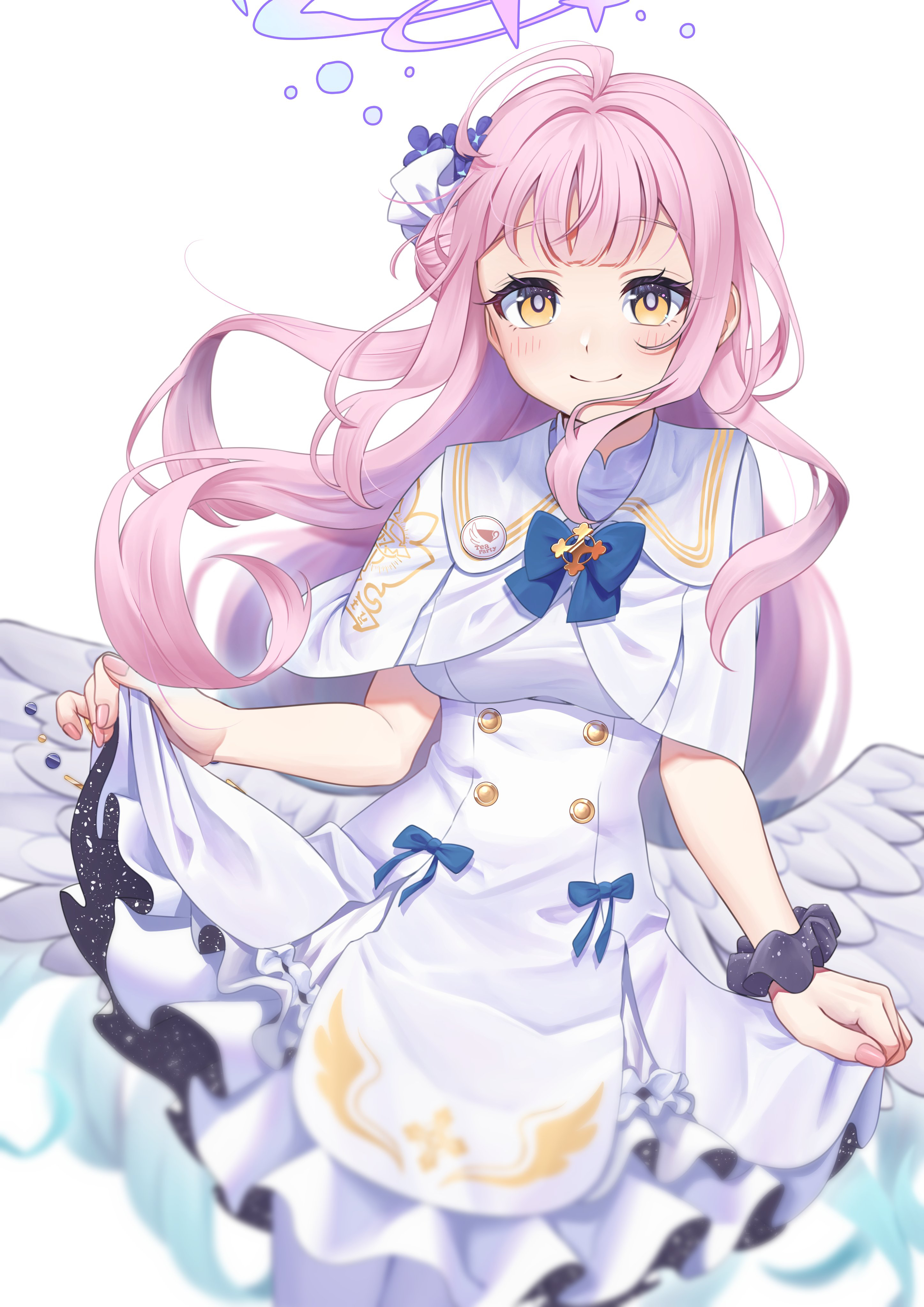 aboreen, mika (blue archive), blue archive, absurdres, commentary, highres, 1girl, aqua hair, blue bow, blush, bow, breasts, buttons, capelet, closed mouth, clothes lift, double-breasted, dress, flower, gold trim, gradient hair, hair bun, hair flower, hair ornament, lifting own clothes, long hair, looking at viewer, medium breasts, multicolored hair, pink nails, scrunchie, simple background, single hair bun, single side bun, skirt, skirt lift, smile, solo, underbust, very long hair, white background, white capelet, white dress, white overskirt, wrist scrunchie, yellow eyes