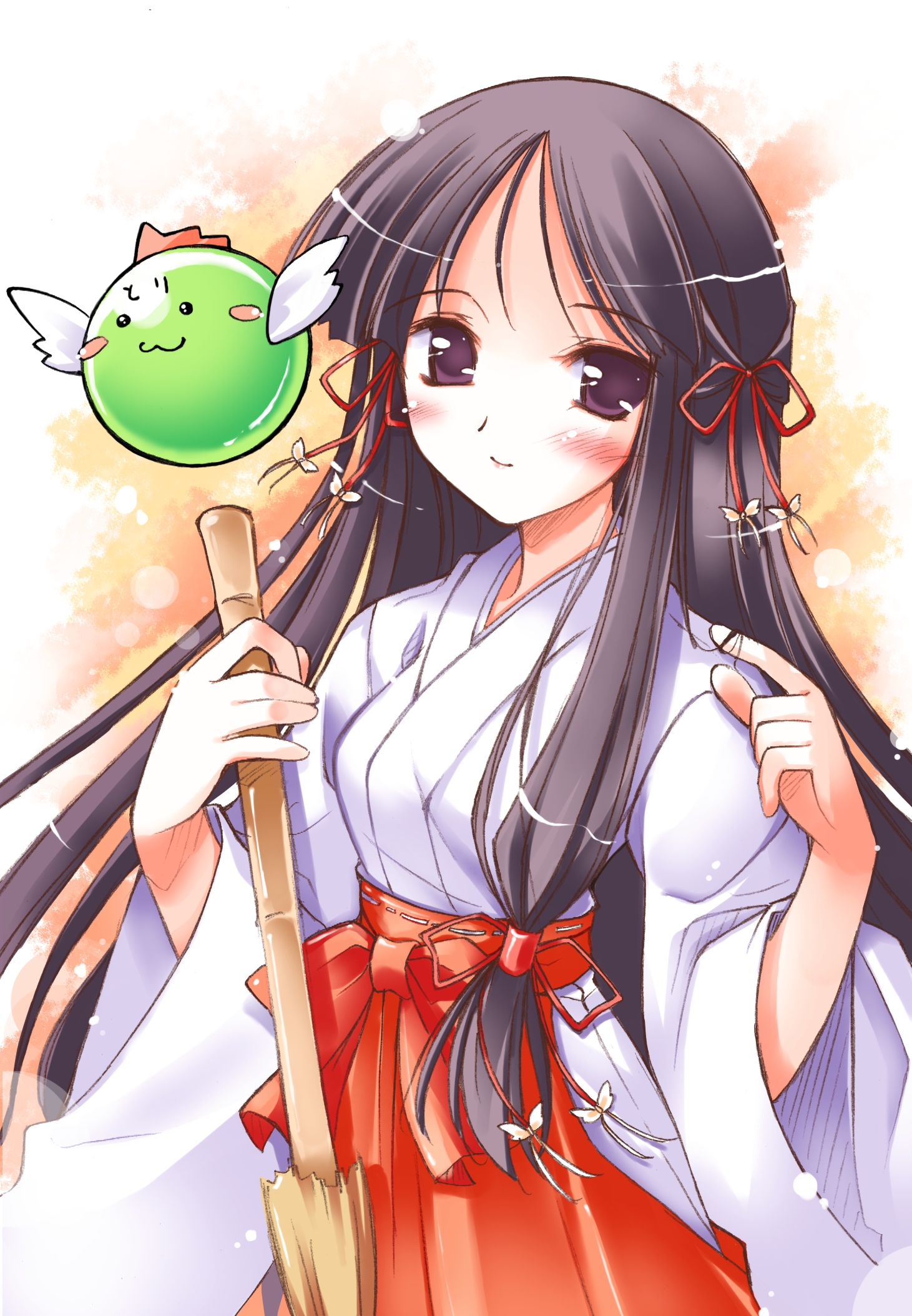 takamine koyuki, happiness!, windmill (company), highres, 00s, 1girl, blush, female focus, gradient background, hakama, hakama skirt, japanese clothes, long hair, miko, red hakama, skirt, solo