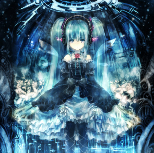 onineko, hatsune miku, vocaloid, lowres, 1girl, aqua hair, bow, detached sleeves, dress, female focus, flower, frills, gathers, gothic lolita, headphones, lolita fashion, long hair, solo, standing, twintails, wings