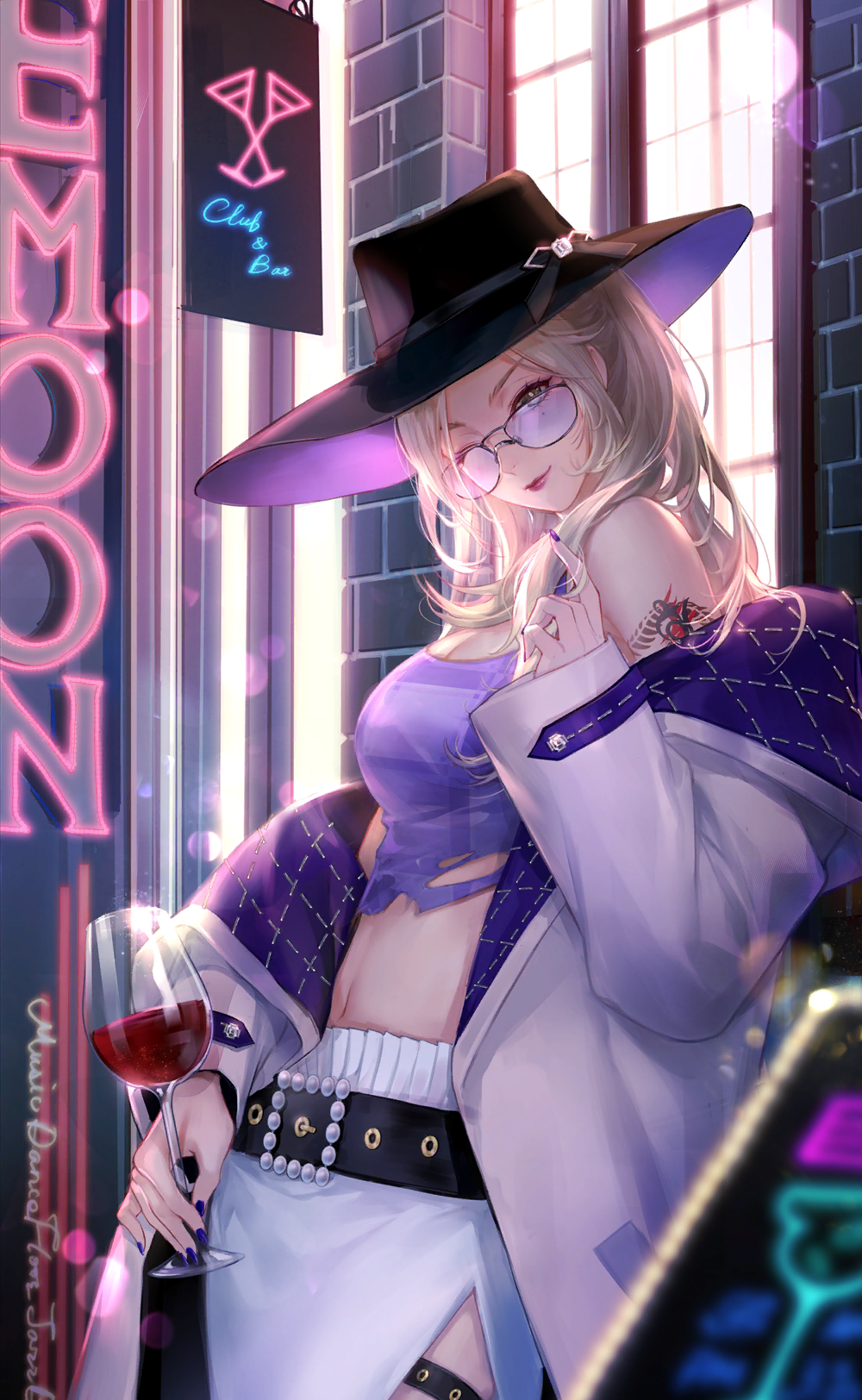 nikki (series), shining nikki, artist request, game cg, highres, official art, 1girl, against wall, alcohol, argyle clothes, argyle coat, arm tattoo, bar (place), bare shoulders, beads, belt, belt buckle, black-framed eyewear, black belt, black hat, black nails, blonde hair, breasts, bright pupils, brown eyes, buckle, cleavage, closed mouth, coat, coat partially removed, collared coat, cowboy shot, crop top, cup, drink, drinking glass, eyelashes, happy, hat, head tilt, holding, holding drink, holding own hair, large breasts, light particles, lipstick, long hair, long skirt, long sleeves, makeup, menu board, midnight impression (shining nikki), midriff, nail polish, navel, night, official alternate color, one eye closed, outdoors, pink lips, plaid clothes, plaid shirt, ponytail, puffy long sleeves, puffy sleeves, purple-tinted eyewear, purple coat, purple shirt, shirt, side slit, sidelocks, sign, skirt, sleeveless, sleeves past wrists, smile, solo, sunglasses, tattoo, thigh strap, tight clothes, tight shirt, tinted eyewear, torn clothes, torn shirt, two-sided coat, two-sided fabric, white coat, white pupils, white skirt, window, wine, wine glass, zoey (shining nikki)