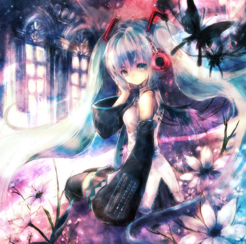 onineko, hatsune miku, vocaloid, lowres, bug, butterfly, detached sleeves, flower, headphones, insect, long hair, looking back, necktie, sitting, solo, twintails