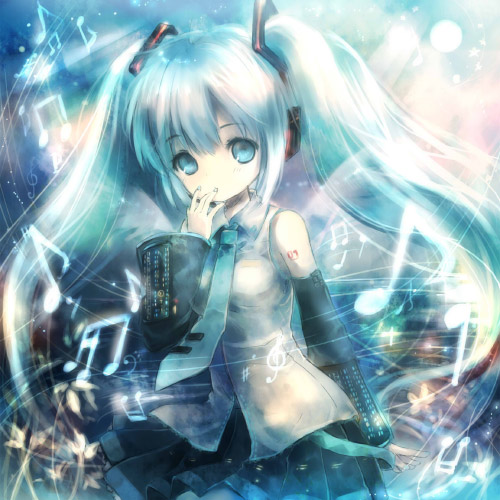onineko, hatsune miku, vocaloid, lowres, aqua eyes, aqua hair, detached sleeves, long hair, microphone, necktie, solo, twintails