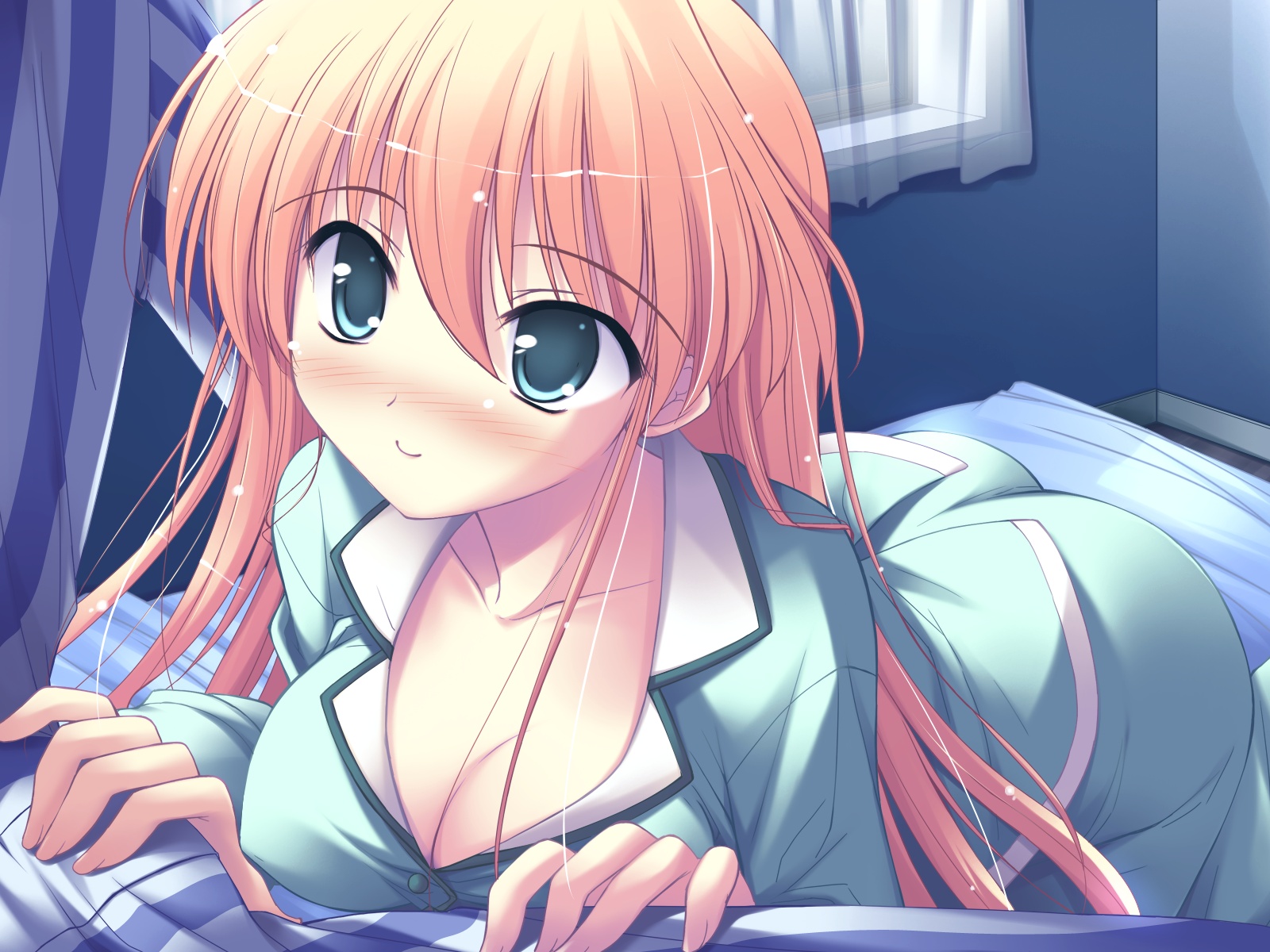 ko~cha, hiiragi anri, kohinata yuuma, happiness!, windmill (company), game cg, highres, 00s, 1girl, aqua eyes, blush, breasts, cleavage, crotch grab, long hair, lying, smile, solo focus