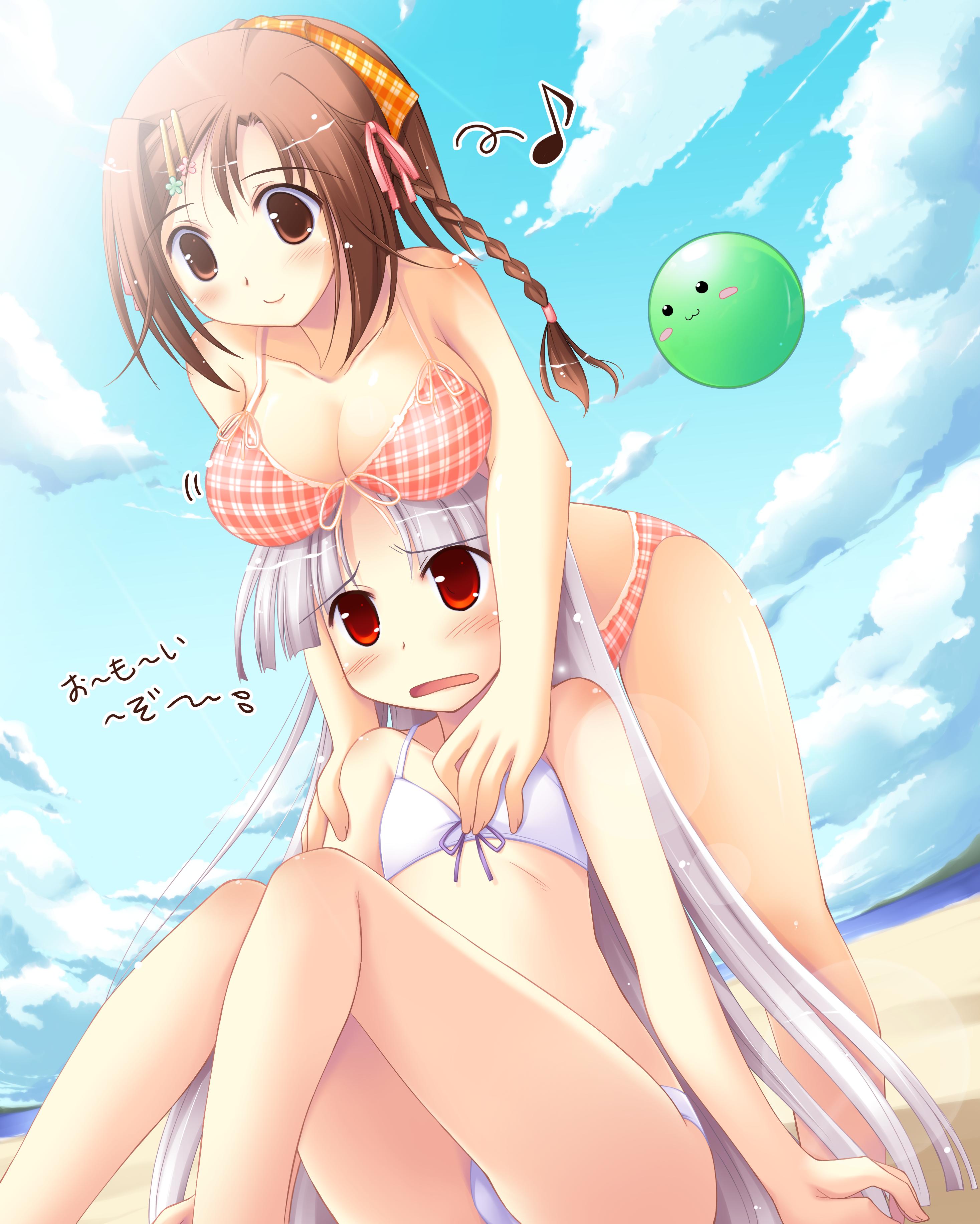 ko~cha, kamisaka haruhi, shikimori ibuki, happiness!, windmill (company), absurdres, highres, 00s, 2girls, bikini, breast rest, breasts, breasts on head, cloud, day, female focus, hair ornament, hairpin, large breasts, long hair, multiple girls, outdoors, plaid bikini, plaid clothes, sky, small breasts, swimsuit, yuri