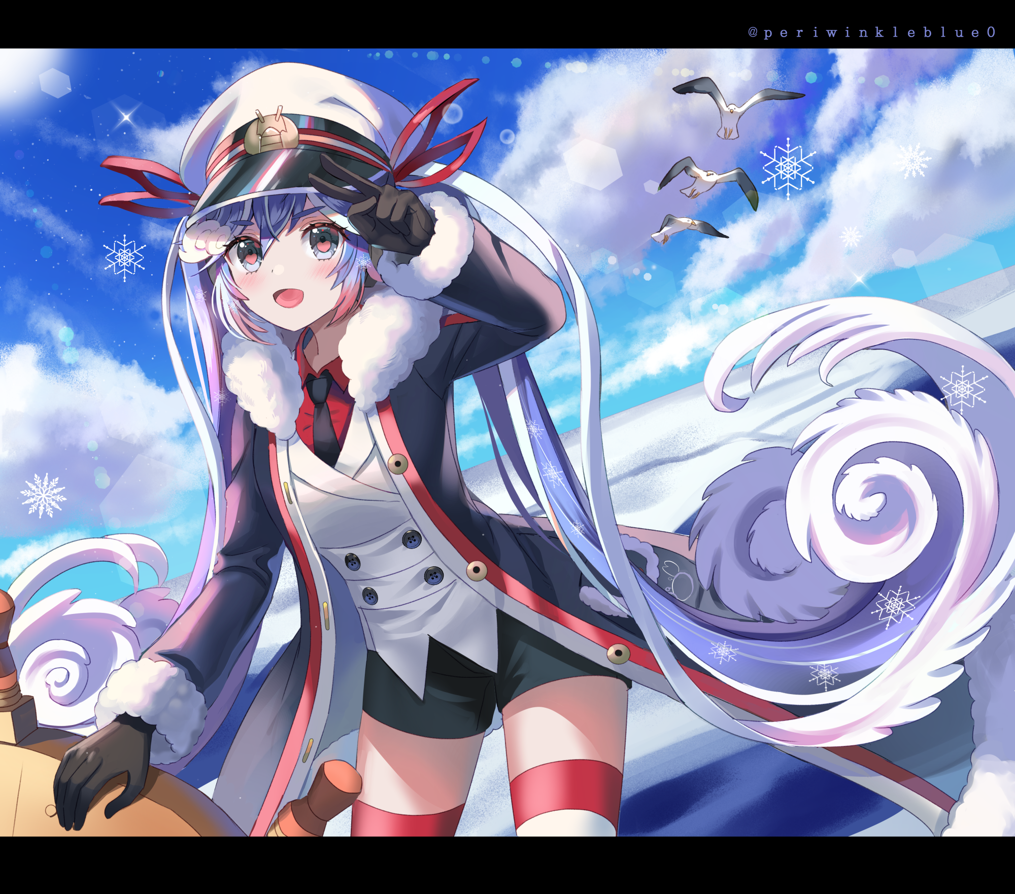 hc (razel1), hatsune miku, yuki miku, yuki miku (2022), vocaloid, commentary, highres, 1girl, aqua hair, bird, black coat, black gloves, black necktie, black shorts, blush, closed mouth, coat, fur-trimmed coat, fur-trimmed sleeves, fur trim, gloves, gradient hair, grey eyes, hair between eyes, hair ornament, hair ribbon, hat, heart, heart in eye, jacket, letterboxed, long hair, long sleeves, looking at viewer, miku day, multicolored hair, necktie, official alternate costume, official alternate hairstyle, open mouth, red hair, red ribbon, red shirt, ribbon, sailor hat, seagull, ship's wheel, shirt, short shorts, shorts, smile, snowflake print, solo, striped clothes, striped thighhighs, symbol in eye, thick thighs, thighhighs, thighs, twintails, v, very long hair, white hair, white jacket