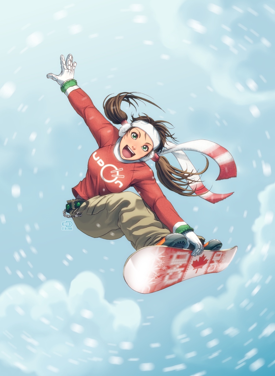 omar dogan, udon entertainment, highres, 1girl, canada, female focus, snow, snowboard, solo, twintails