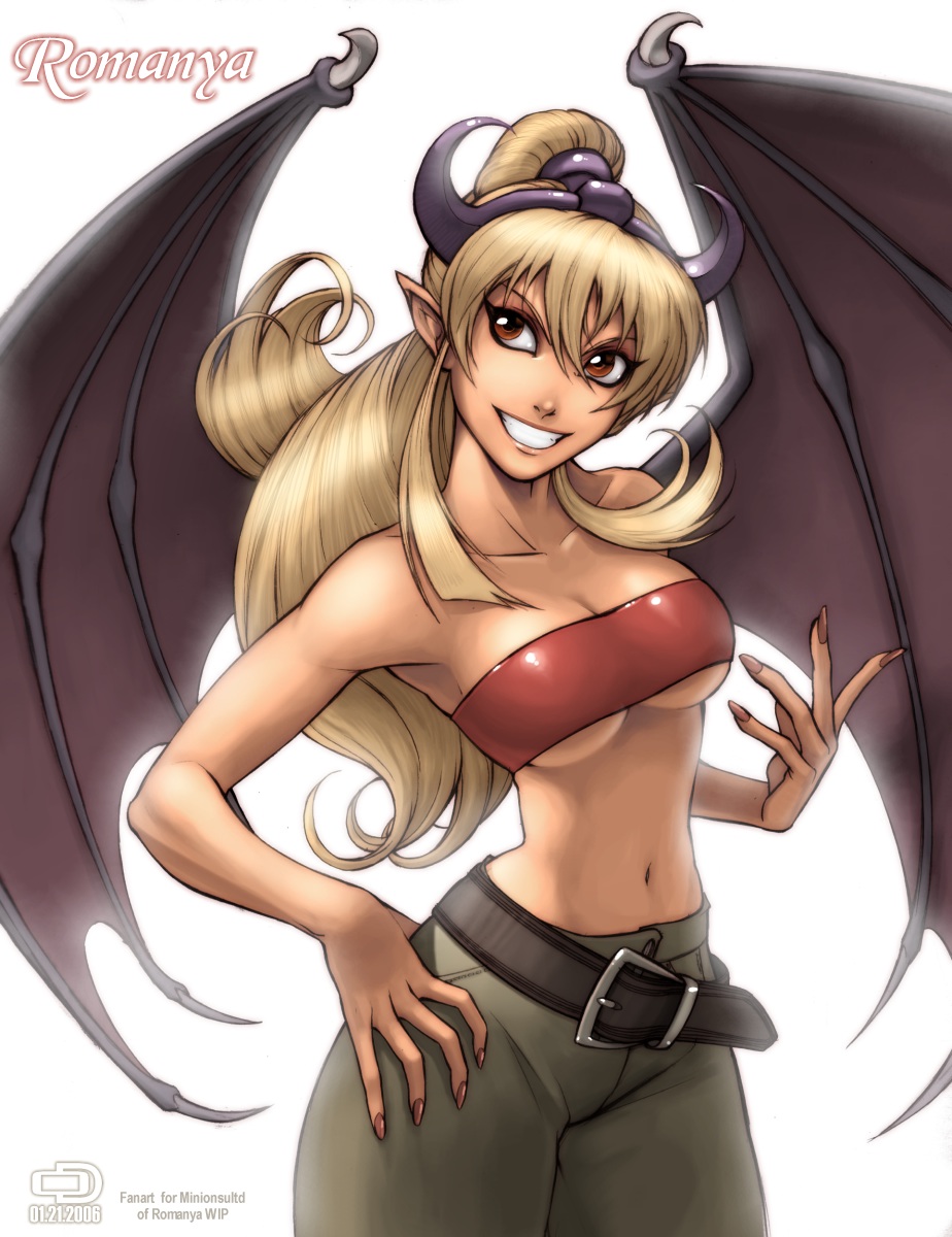 omar dogan, highres, 1girl, bandeau, bandeau bikini, bare shoulders, belt, blonde hair, breasts, clenched teeth, demon girl, demon wings, female focus, horns, large breasts, midriff, nail polish, pointy ears, red eyes, smile, solo, strapless, teeth, tube top, wings