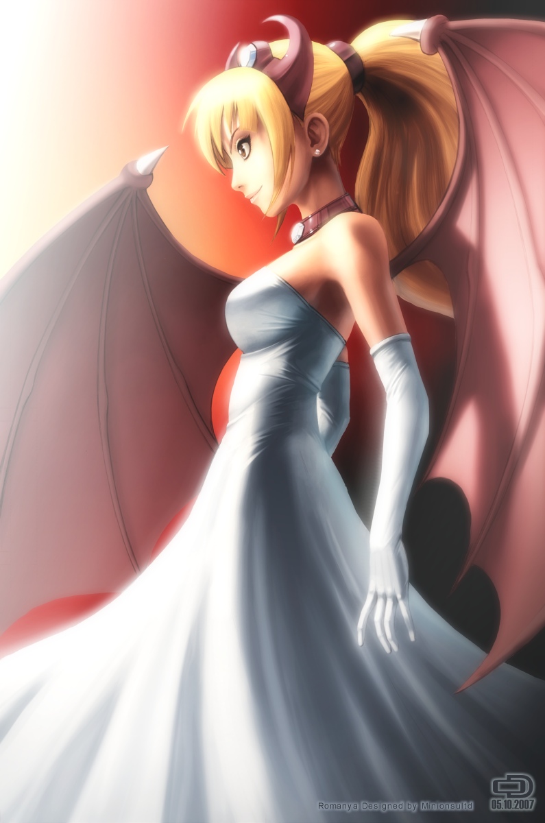 omar dogan, original, highres, 1girl, bare shoulders, blonde hair, breasts, brown eyes, choker, closed mouth, demon girl, demon wings, dress, earrings, elbow gloves, female focus, from side, gloves, gradient background, hair ornament, horns, jewelry, lips, long dress, looking to the side, medium breasts, neck, necklace, ponytail, profile, red background, red choker, red horns, red wings, smile, solo, standing, strapless, strapless dress, wedding dress, white dress, white gloves, wings