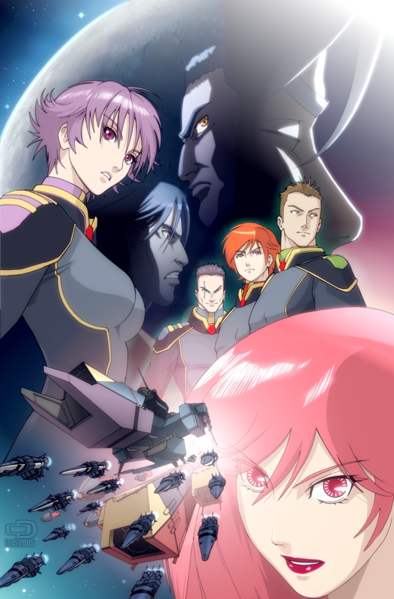 omar dogan, ichijou hikaru, maia sterling, robotech, the shadow chronicles, character request, highres, 3girls, 6+boys, battleship, brown hair, fleet, military, military uniform, military vehicle, multiple boys, multiple girls, orange hair, pink hair, planet, purple hair, red eyes, ship, short hair, space, spacecraft, star (symbol), warship, watercraft