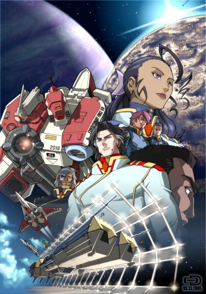 alpha, omar dogan, ichijou hikaru, legioss, sdf-3, robotech, the shadow chronicles, highres, official art, 1girl, 4boys, cloud, mecha, multiple boys, planet, robot, space, spacecraft, star (symbol), veritech