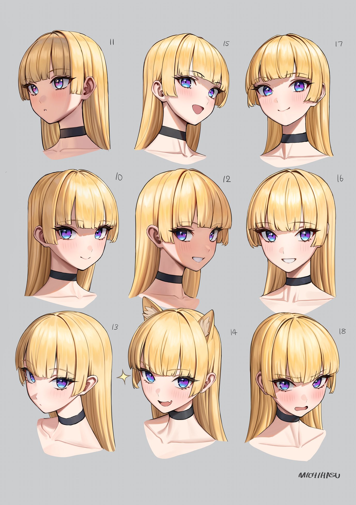 michihasu, lina (michihasu), original, highres, 1girl, :d, animal ears, black choker, blonde hair, blue eyes, blunt bangs, blush, cat ears, choker, closed mouth, fang, grey background, grin, kemonomimi mode, long hair, looking at viewer, multicolored eyes, multiple expressions, open mouth, portrait, simple background, skin fang, smile, sparkle