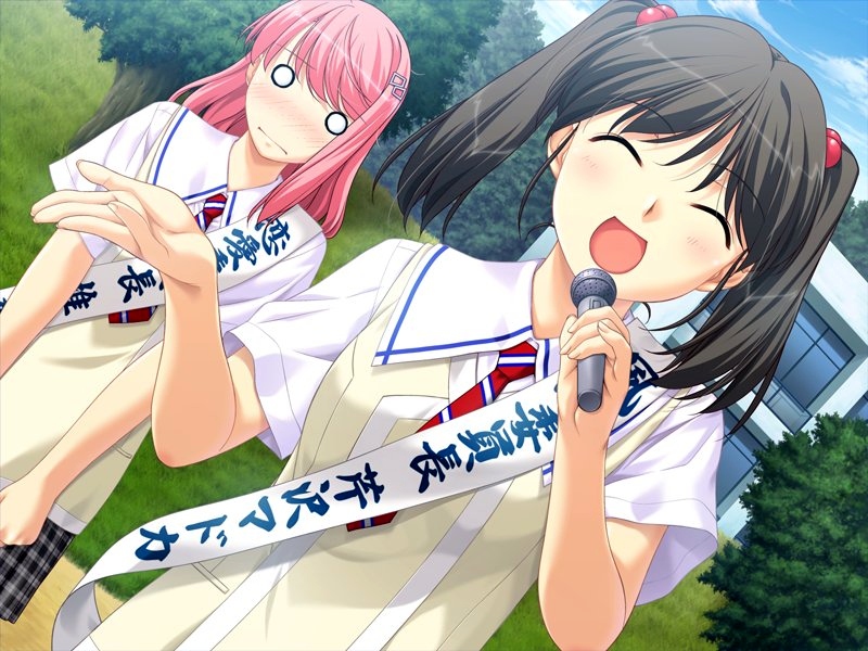 ino (magloid), serizawa madoka, shiina kasumi, kimihagu, game cg, 00s, 2girls, @ @, brown hair, closed eyes, dutch angle, microphone, multiple girls, o o, open mouth, pink hair, sash, school uniform, serafuku, shoulder sash, twintails