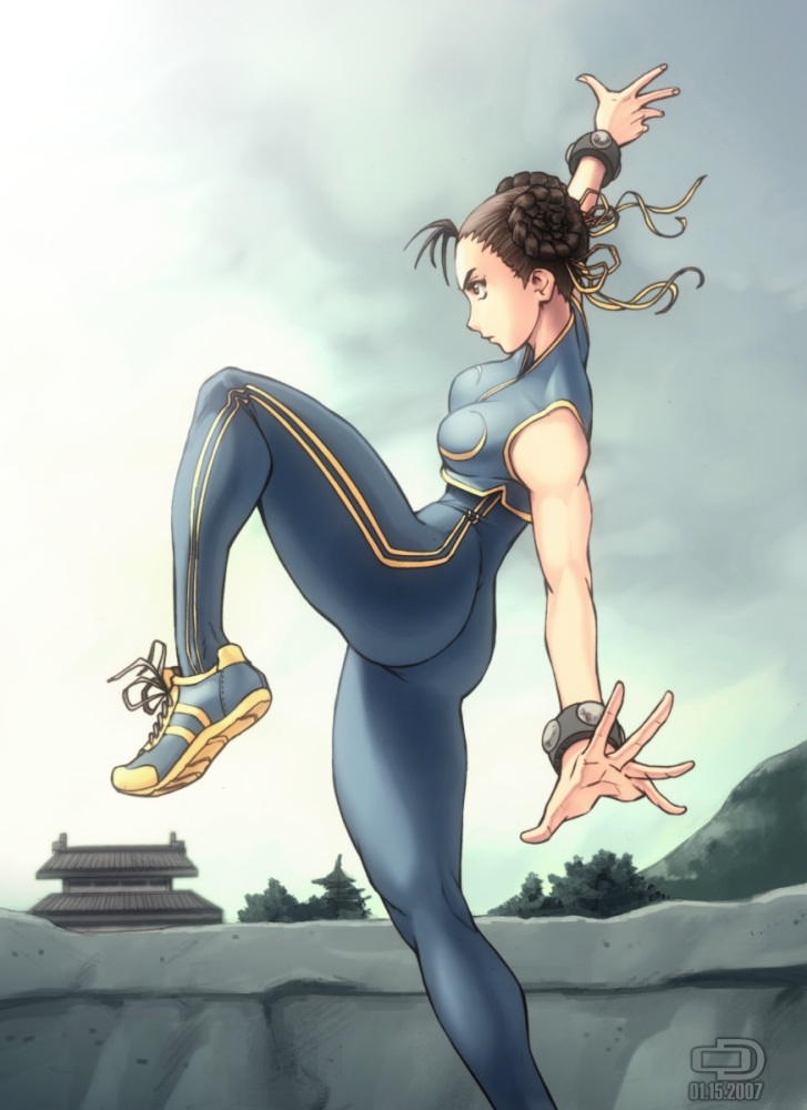 omar dogan, chun-li, capcom, street fighter, street fighter zero (series), 1990s (style), 1girl, artist logo, ass, breasts, brown eyes, brown hair, double vertical stripe, female focus, logo, retro artstyle, shoes, small breasts, sneakers, solo, spandex, toned, toned female, unitard