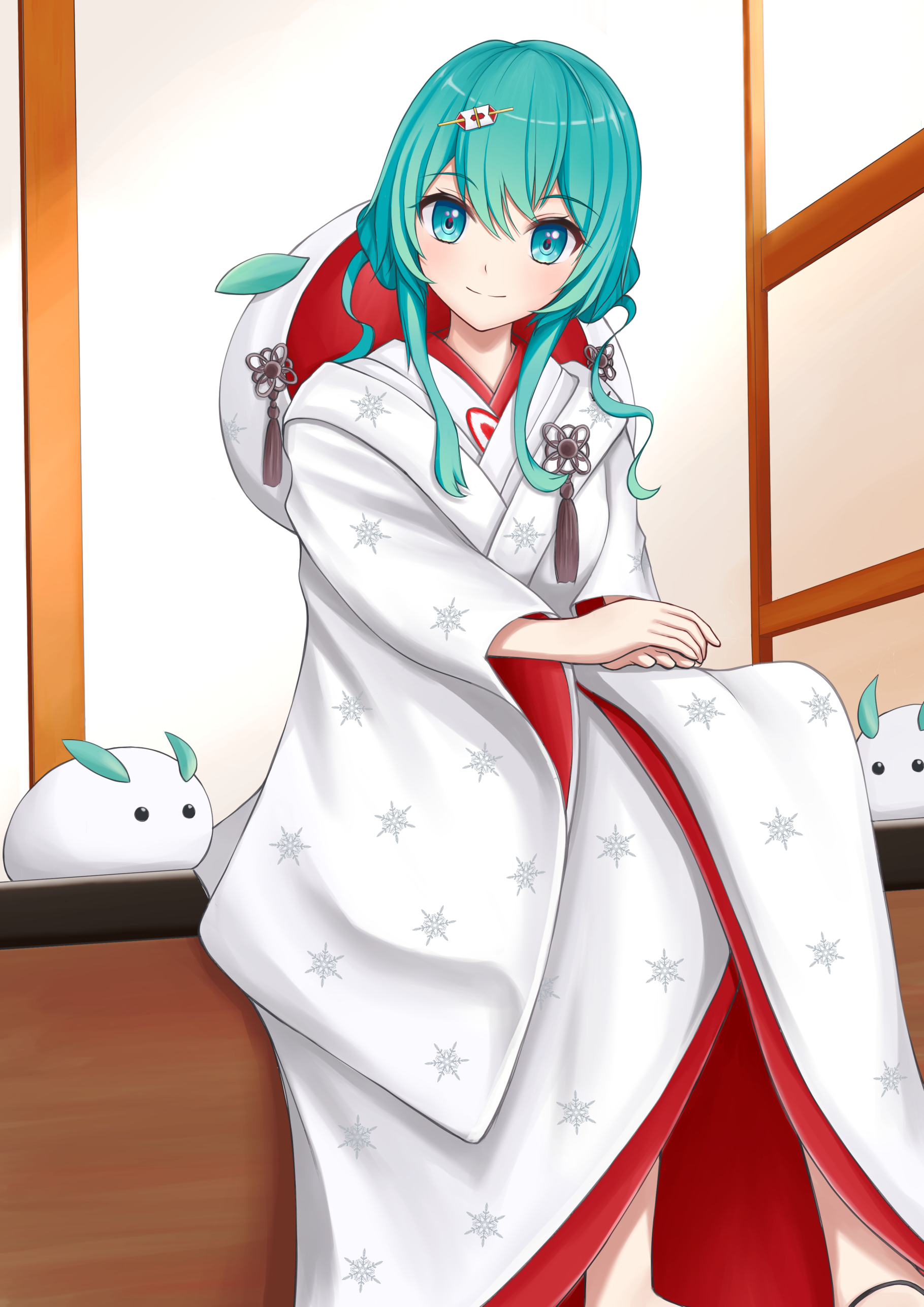 nekoinu bamboo, hatsune miku, yuki miku, yuki miku (2013), vocaloid, absurdres, commentary, highres, 1girl, aqua eyes, aqua hair, blush, drill hair, hair between eyes, hair ornament, hood, hood down, hooded kimono, japanese clothes, kimono, leaf, long hair, long sleeves, looking at viewer, low twintails, official alternate costume, official alternate hairstyle, shiromuku, simple background, sitting, smile, snow rabbit, snowflake print, solo, tassel, twin drills, twintails, uchikake, upper body, wataboushi, white kimono, wide sleeves