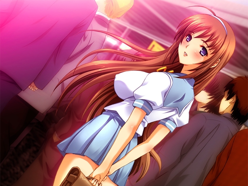 zurumu ken, kurihara suzuka, non stop chikan tokkyu, game cg, source request, 1girl, ahoge, arms behind back, blue eyes, blush, breasts, briefcase, brown hair, covered erect nipples, dutch angle, hairband, headband, huge breasts, long hair, looking back, school uniform, serafuku, skirt, solo focus, train station