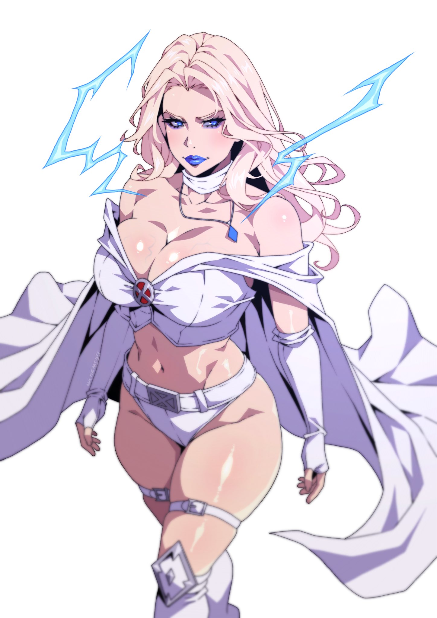 cam the art guy, emma frost, marvel, x-men, commentary, english commentary, highres, 1girl, bare shoulders, blonde hair, blue eyes, blue lips, breasts, cleavage, elbow gloves, fingerless gloves, gloves, jewelry, large breasts, long hair, navel, necklace, solo, superhero costume, white gloves