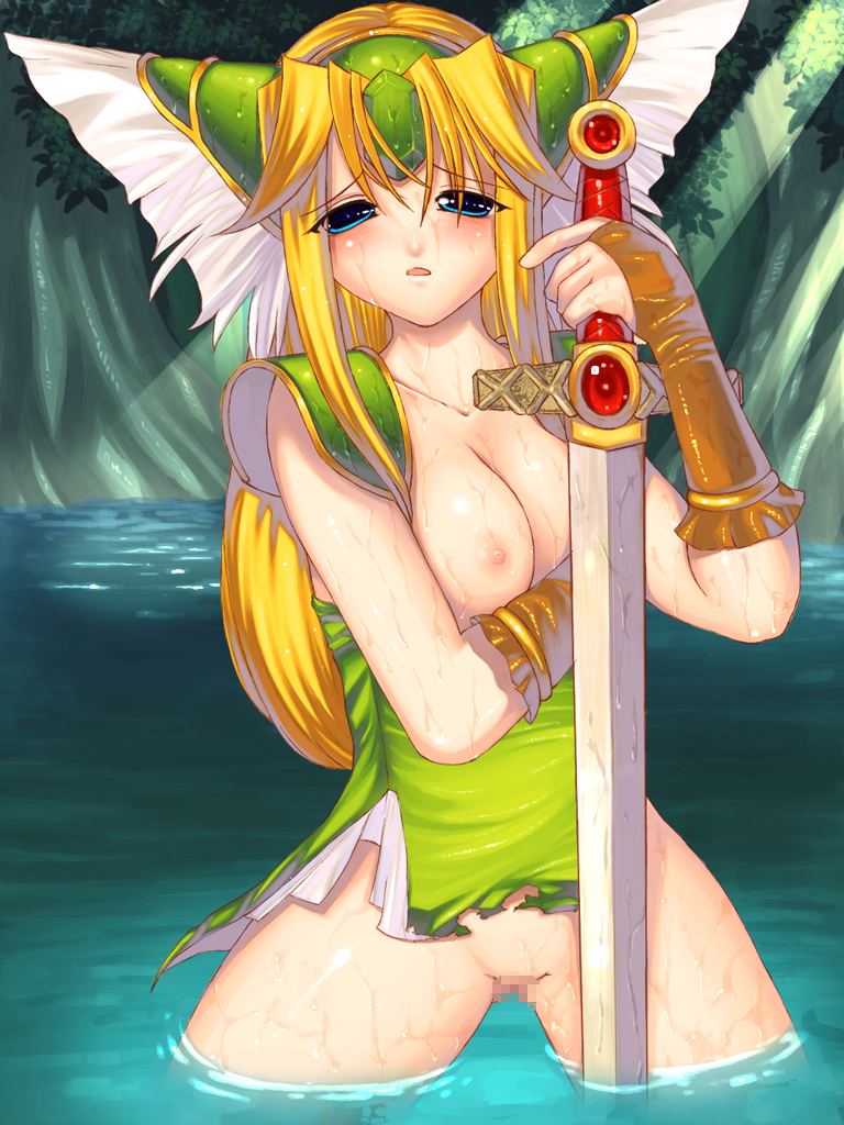riesz, seiken densetsu, seiken densetsu 3, non-web source, 1girl, blonde hair, blue eyes, blush, breasts, censored, female focus, fingerless gloves, gloves, head wings, helmet, long hair, medium breasts, nature, nipples, no panties, solo, sword, torn clothes, very long hair, water, weapon, wet, winged helmet, wings