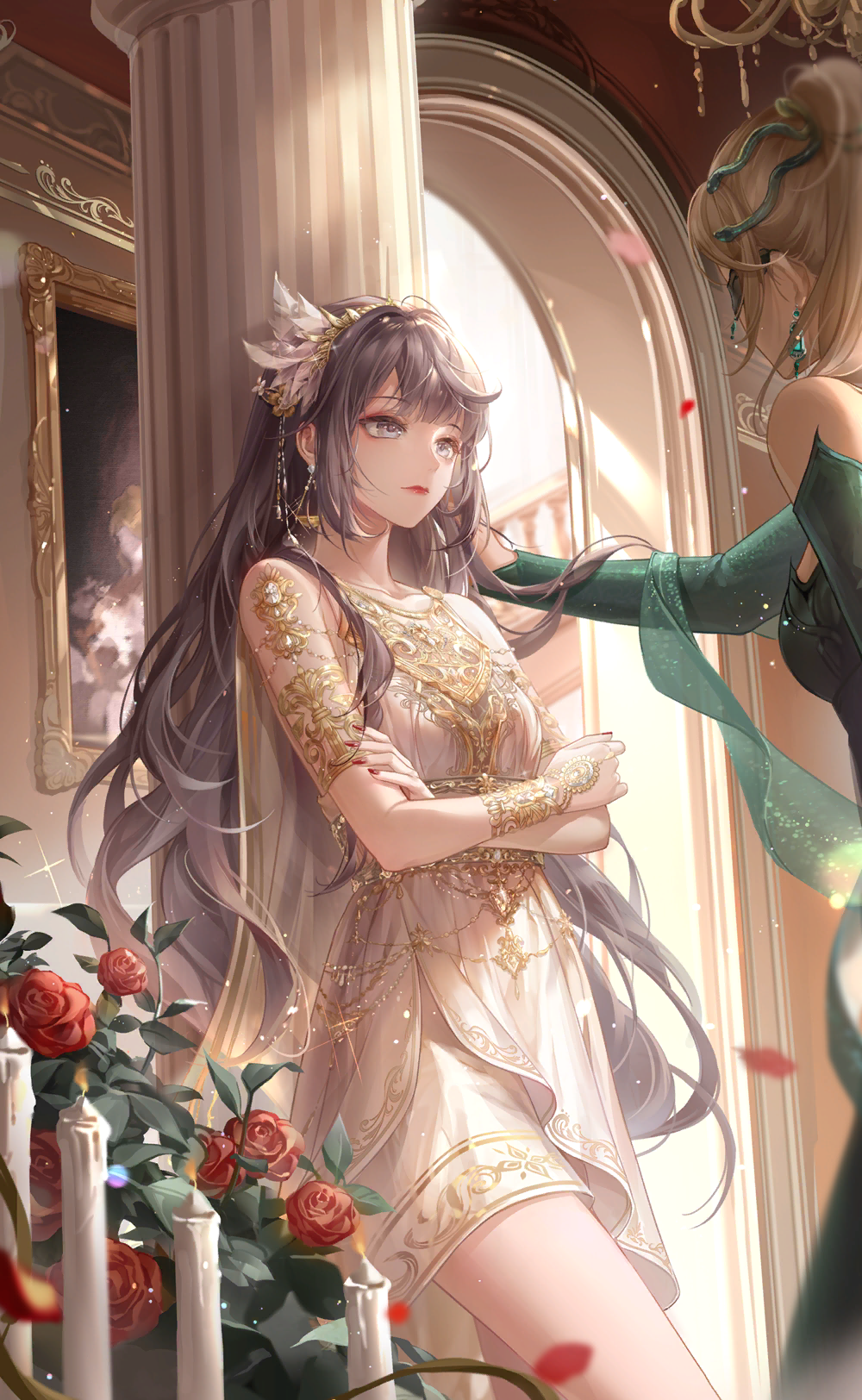 glowing crown (shining nikki), lilith (shining nikki), misty blue veil (shining nikki), nikki (series), shining nikki, gold armlet, artist request, game cg, highres, official art, 2girls, against pillar, arch, blindfold, blonde hair, blue eyes, bridal gauntlets, candle, cape, chandelier, closed mouth, cowboy shot, crossed arms, doorway, dress, earrings, expressionless, eyeshadow, face-to-face, feather hair ornament, feathers, flower, greco-roman clothes, green dress, green shawl, grey hair, hair ornament, hairband, indoors, jewelry, kabedon, light frown, light particles, lipstick, long dress, long hair, long sleeves, looking at another, makeup, multiple girls, painting (object), petals, pink eyeshadow, ponytail, red flower, red lips, red rose, rose, rose petals, shawl, short dress, sleeveless, sleeveless dress, sleeves past wrists, snake hair ornament, stairs, standing, very long hair, wavy hair, white cape, white dress, yellow hairband, zoey (shining nikki)