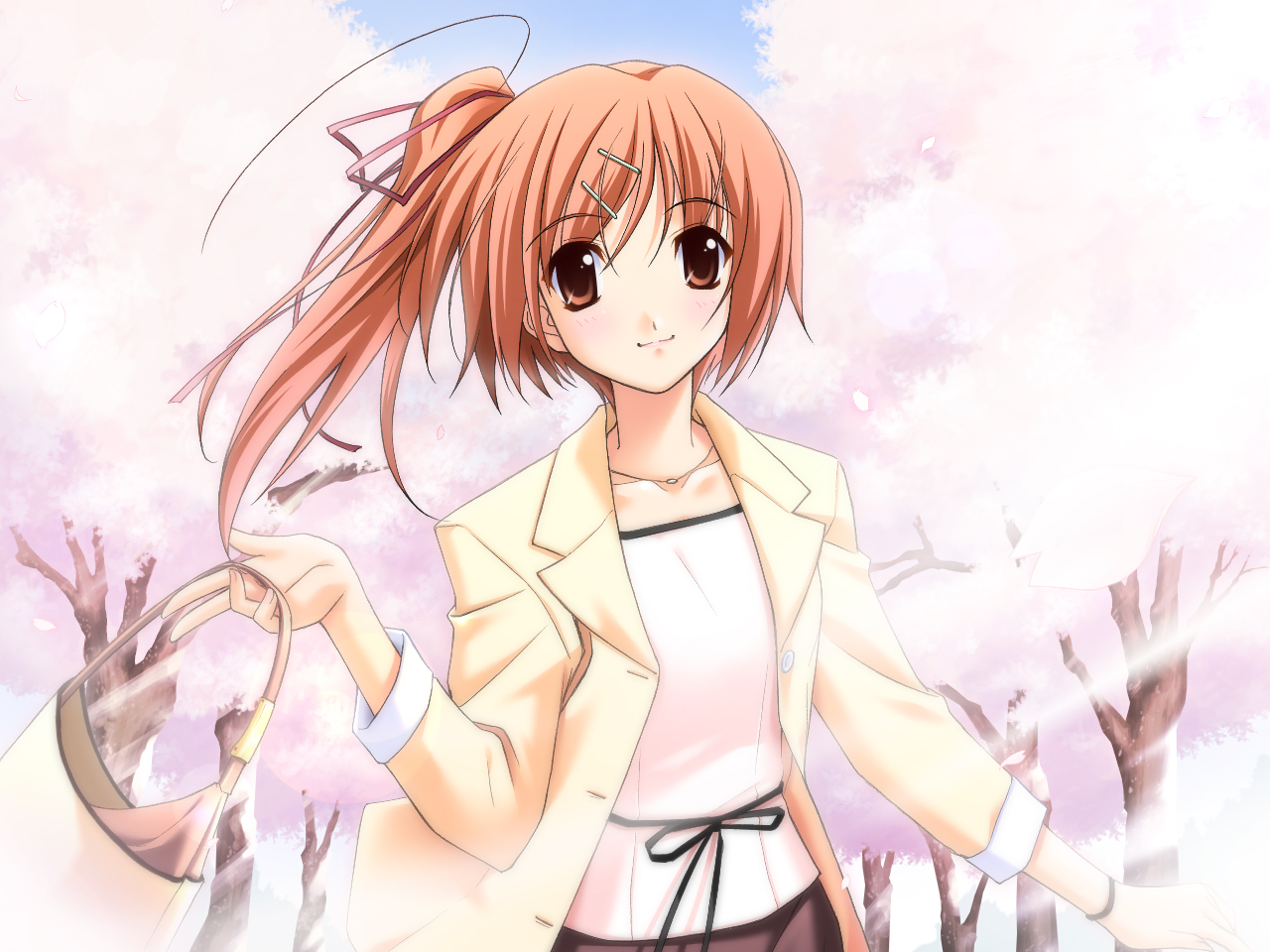 matsuo yukihiro, sayorin, memories off, game cg, 1girl, :3, bag, blush, brown eyes, brown hair, brown skirt, cherry blossoms, collarbone, female focus, jewelry, long sleeves, looking at viewer, necklace, outdoors, pendant, plant, pleated skirt, ponytail, skirt, smile, solo, spring (season), tareme, tree, wind