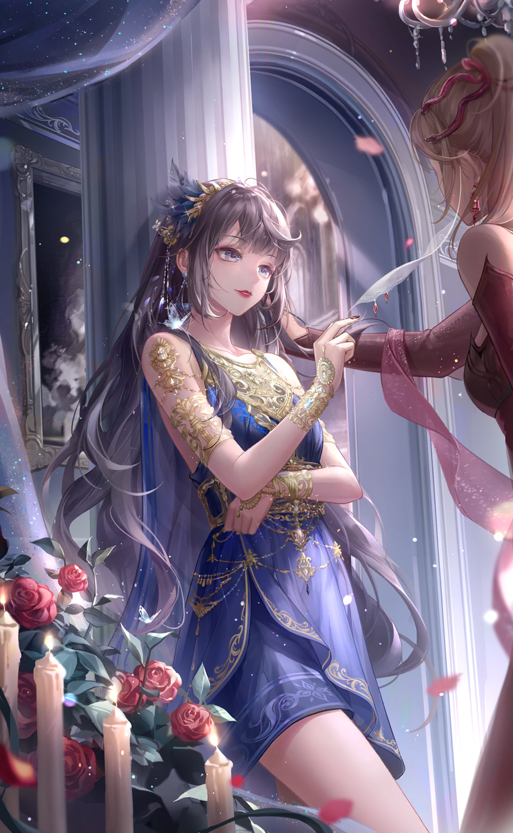 glowing crown (shining nikki), lilith (shining nikki), misty blue veil (shining nikki), nikki (series), shining nikki, artist request, game cg, highres, official art, 2girls, arch, bare shoulders, black hair, blonde hair, blue cape, blue dress, blue eyes, blunt bangs, bridal gauntlets, candle, cape, chandelier, clothing cutout, cowboy shot, doorway, dress, earrings, face-to-face, feather hair ornament, feathers, flower, gold necklace, greco-roman clothes, hair ornament, hairband, hand on another's arm, hand on own elbow, indoors, jewelry, kabedon, light particles, lipstick, long dress, long hair, looking at another, loose hair strand, makeup, multiple girls, nail polish, necklace, night, painting (object), parted lips, petals, ponytail, red dress, red flower, red lips, red nails, red rose, red shawl, rose, rose petals, shawl, short dress, shoulder cutout, sleeveless, sleeveless dress, sleeves past wrists, smile, snake hair ornament, solo focus, stairs, standing, teeth, very long hair, wavy hair, yellow hairband, zoey (shining nikki)