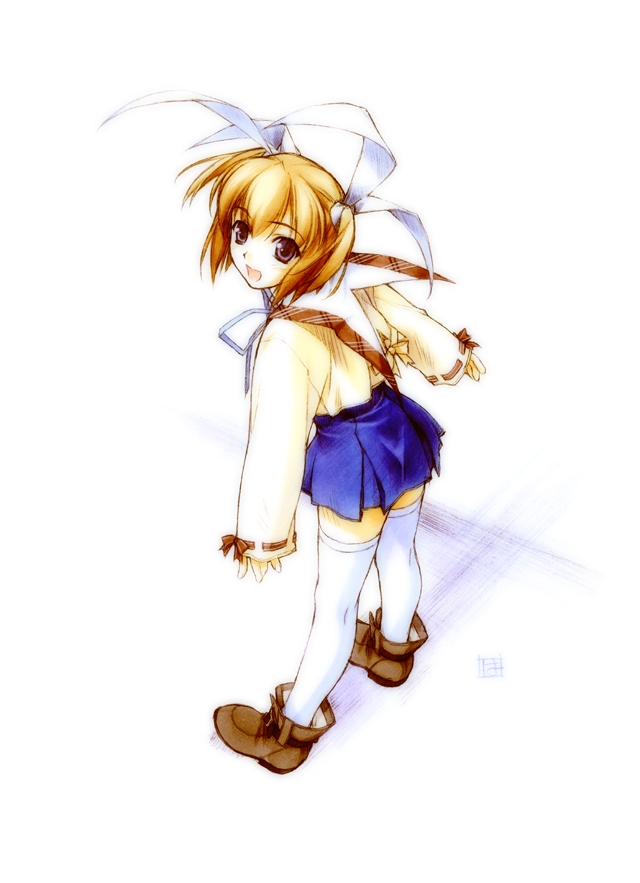 hashimoto takashi, aizawa tomomi, pia carrot (series), pia carrot e youkoso!!, pia carrot e youkoso!! 3, 1990s (style), 1girl, blonde hair, blue eyes, bow, brown hair, female focus, full body, hair bow, retro artstyle, ribbon, short hair, simple background, solo, standing, thighhighs, twintails, white background, white thighhighs