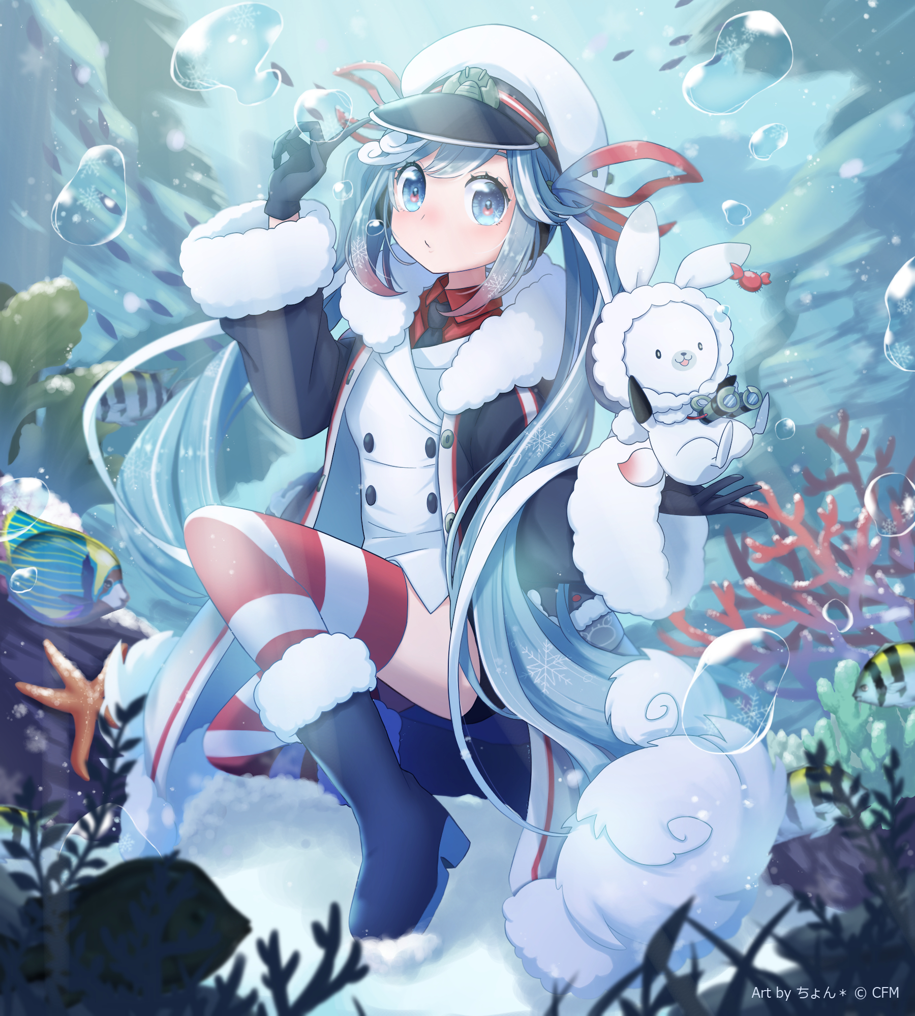 wjfy4545, hatsune miku, rabbit yukine, yuki miku, yuki miku (2022), vocaloid, colorized, commentary, derivative work, highres, 1girl, air bubble, aqua hair, binoculars, black coat, black gloves, black necktie, black shorts, bubble, coat, coral, fish, fur-trimmed coat, fur-trimmed sleeves, fur trim, gloves, gradient hair, grey eyes, hair ribbon, hat, jacket, long hair, long sleeves, looking at viewer, miku day, multicolored hair, necktie, nurimas, official alternate costume, official alternate hairstyle, parted lips, rabbit, red hair, red ribbon, red shirt, ribbon, sailor hat, shirt, short shorts, shorts, smile, starfish, striped clothes, striped thighhighs, thick thighs, thighhighs, thighs, twintails, underwater, very long hair, white hair, white jacket