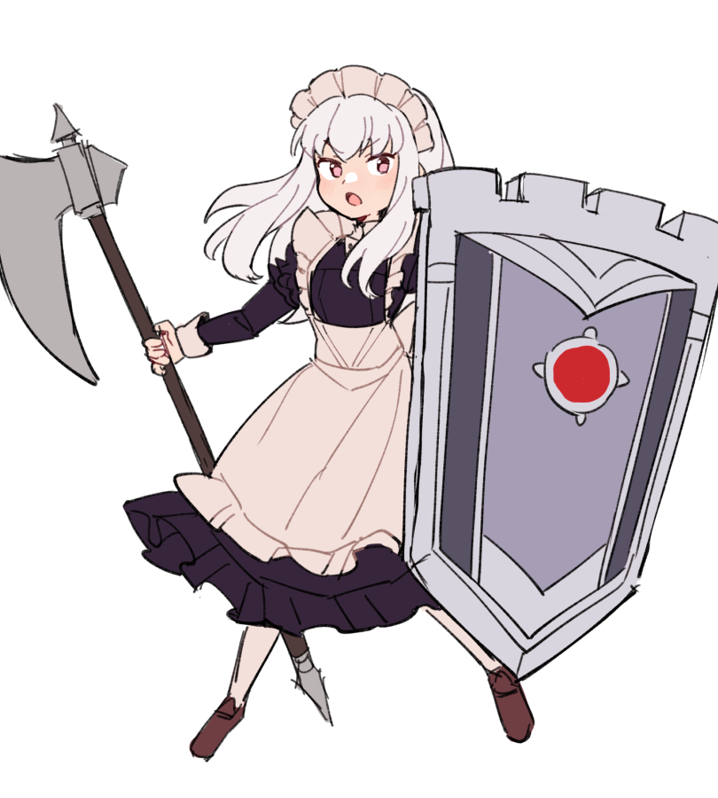 do m kaeru, lysithea von ordelia, fire emblem, fire emblem: three houses, nintendo, 1girl, alternate costume, apron, axe, battle axe, black dress, blush, breasts, brown shoes, dress, enmaided, holding, holding axe, holding shield, long hair, looking at viewer, maid, maid headdress, open mouth, pink eyes, shield, shoes, simple background, small breasts, solo, waist apron, weapon, white apron, white background, white hair