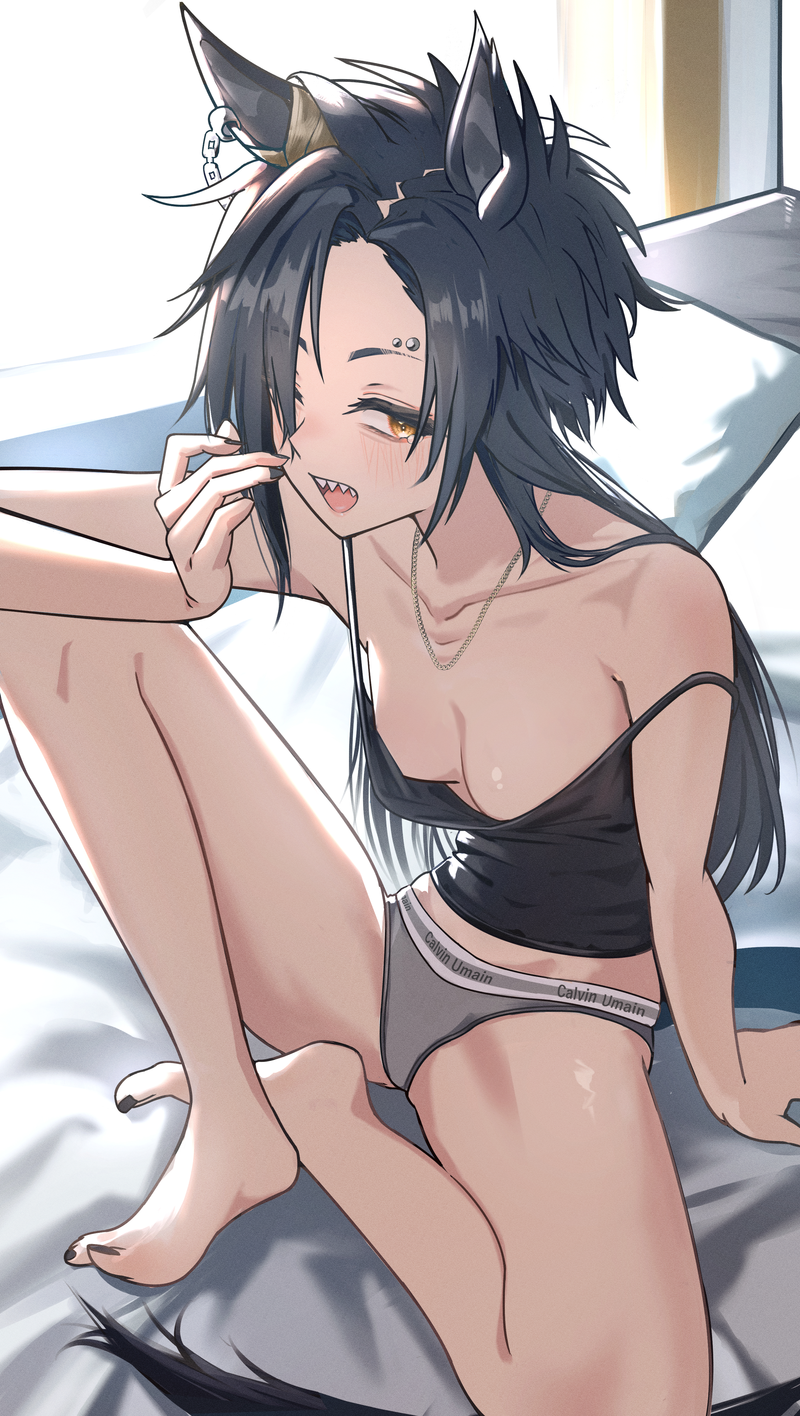mushrooming man, air shakur (umamusume), umamusume, absurdres, commentary request, highres, 1girl, animal ears, arm support, barefoot, black camisole, black hair, black nails, blush, brand name imitation, breasts, brown eyes, camisole, chain, chain earrings, collarbone, earrings, eyebrow piercing, face piercing, feet, grey panties, hair over one eye, horse ears, horse girl, horse tail, indoors, jewelry, looking at viewer, medium breasts, nail polish, on bed, open mouth, panties, piercing, sharp teeth, single earring, sitting, solo, tail, teeth, toenail polish, toenails, toes, underwear, yawning