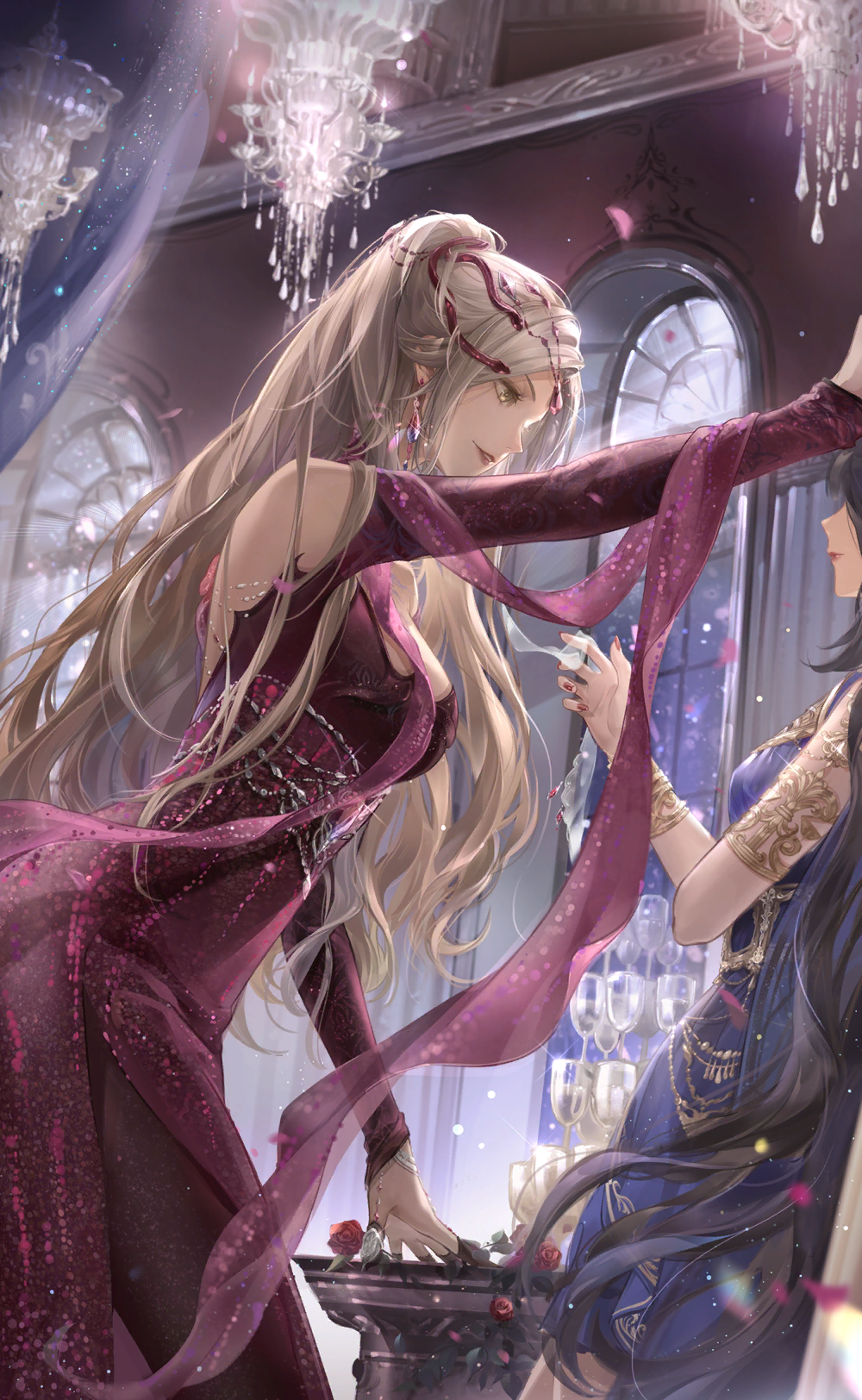 glowing crown (shining nikki), lilith (shining nikki), misty blue veil (shining nikki), nikki (series), shining nikki, artist request, game cg, highres, official art, 2girls, against wall, alcohol, bare shoulders, black hair, blonde hair, breasts, brown eyes, champagne, chandelier, cleavage, closed mouth, clothing cutout, cowboy shot, cup, dress, drinking glass, face-to-face, flower, hair ornament, hair ribbon, high ponytail, indoors, kabedon, large breasts, light particles, lipstick, long dress, long hair, long sleeves, looking at another, makeup, moon, multiple girls, nail polish, night, night sky, parted lips, pointy nose, ponytail, red dress, red flower, red lips, red nails, red ribbon, red rose, red shawl, ribbon, rose, shawl, shoulder cutout, sky, sleeves past wrists, smile, snake hair ornament, solo focus, star (sky), starry sky, very long hair, wavy hair, wine glass, zoey (shining nikki)