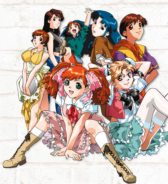 tanaka ryou, asahina yurina, fujiwara aya, hayasaka akira, kayama tamami, kurihara mari, toono mizuki, toyohara etsuko, super real mahjong, non-web source, official art, photoshop (medium), 6+girls, arm up, arms up, blue eyes, blue skirt, boots, bow, breasts, brick wall, brown boots, brown eyes, bun cover, double bun, dress, green hair, hair bun, hair ribbon, holding, holding tray, knees up, lace-up boots, large breasts, long hair, midriff, multiple girls, open mouth, pink dress, ribbon, shirt tucked in, short dress, short hair, short sleeves, sitting, skirt, smile, standing, thighhighs, tray, twintails, v arms, white thighhighs