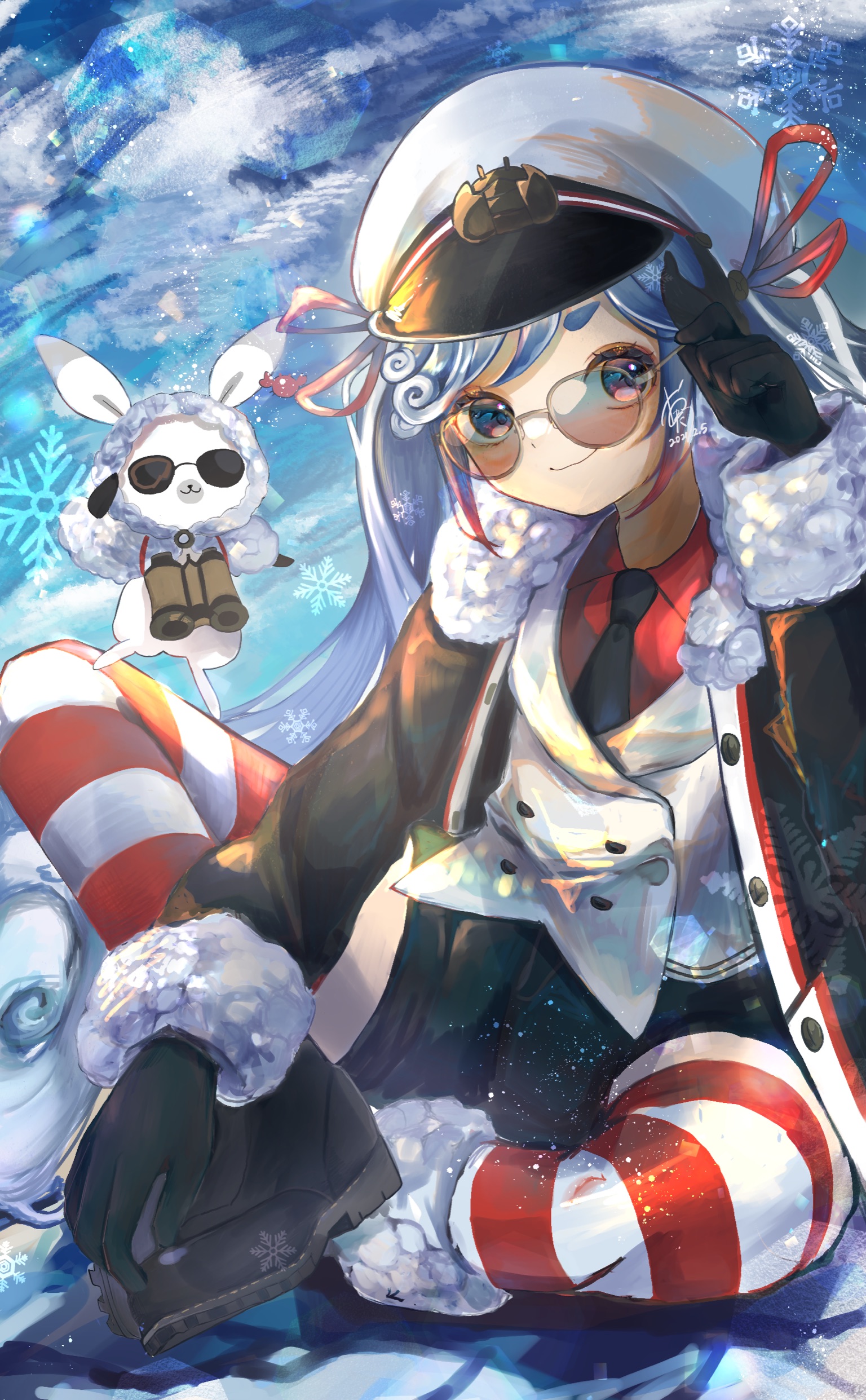 omutaro, hatsune miku, rabbit yukine, yuki miku, yuki miku (2022), vocaloid, absurdres, highres, 1girl, aqua eyes, aqua hair, binoculars, black coat, black gloves, black necktie, black shorts, closed mouth, coat, fur-trimmed coat, fur-trimmed sleeves, fur trim, glasses, gloves, gradient hair, hair ribbon, hat, holding, jacket, long hair, long sleeves, looking at viewer, looking through scope, miku day, multicolored hair, necktie, official alternate costume, official alternate hairstyle, rabbit, red hair, red ribbon, red shirt, ribbon, sailor hat, shirt, short shorts, shorts, sitting, smile, striped clothes, striped thighhighs, sunglasses, thick thighs, thighhighs, thighs, twintails, very long hair, white hair, white jacket