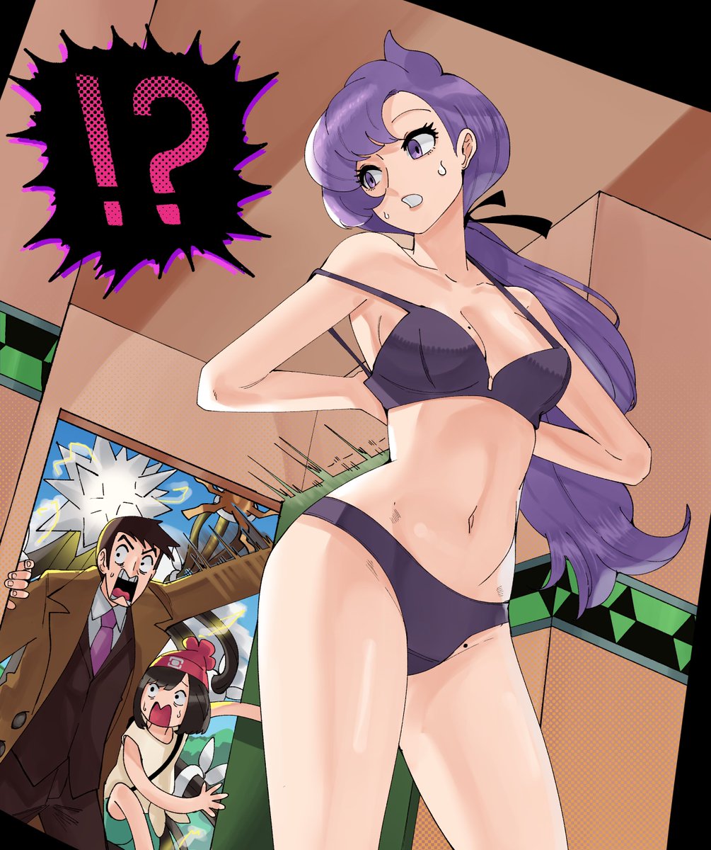 wanderjegson, anabel (pokemon), looker (pokemon), selene (pokemon), nintendo, pokemon, pokemon dppt, pokemon rse, pokemon sm, commentary, english commentary, highres, !?, 1boy, 2girls, bare shoulders, bra, breasts, cleavage, confused, looking at another, medium breasts, mole, mole on breast, multiple girls, navel, panties, ponytail, purple bra, purple eyes, purple hair, purple panties, scared, short hair, sweat, underwear