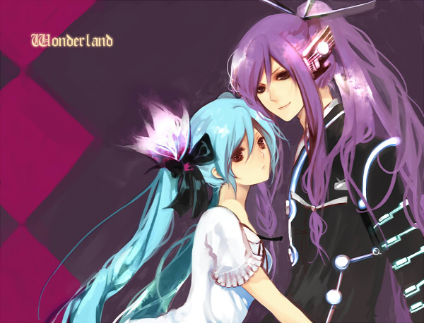 mlpn, hatsune miku, kamui gakupo, vocaloid, world is mine (vocaloid), bad id, bad pixiv id, aqua hair, long hair, purple hair, smile, twintails