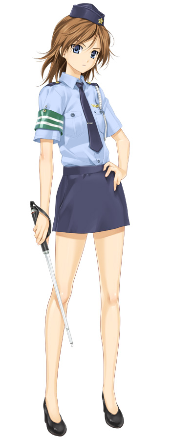 happoubi jin, daimonji yu, zettai shougeki, baton, long image, tall image, 00s, 1girl, armband, baton (weapon), blue eyes, brown hair, female focus, garrison cap, hat, high heels, miniskirt, necktie, pencil skirt, police, police uniform, policewoman, shoes, short hair, skirt, solo, weapon
