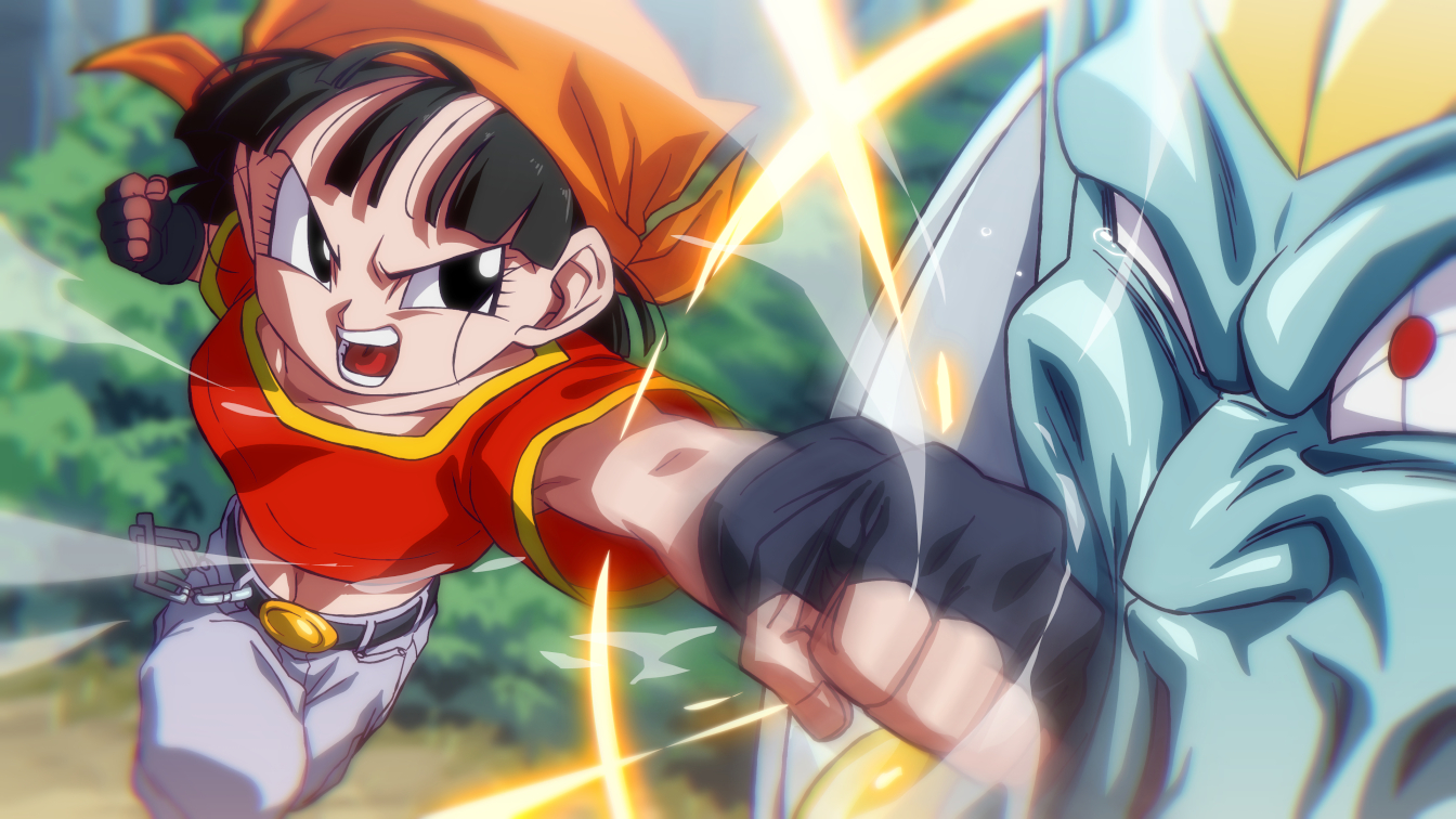 rom (20), general rilldo, pan (dragon ball), dragon ball, dragon ball gt, commentary request, 1boy, 1girl, aqua skin, bandana, black eyes, black gloves, blurry, blurry background, colored skin, denim, fingerless gloves, gloves, grey pants, jeans, midriff, navel, open mouth, orange bandana, outdoors, pants, punching, red eyes, red shirt, shirt, short sleeves, teeth