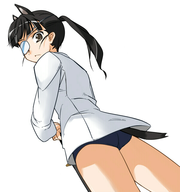 sakamoto mio, strike witches, world witches series, 00s, 1girl, animal ears, black hair, brown eyes, buruma, cat ears, cat tail, dutch angle, eyepatch, female focus, no pants, one-piece swimsuit, ponytail, school swimsuit, solo, swimsuit, swimsuit under clothes, tail