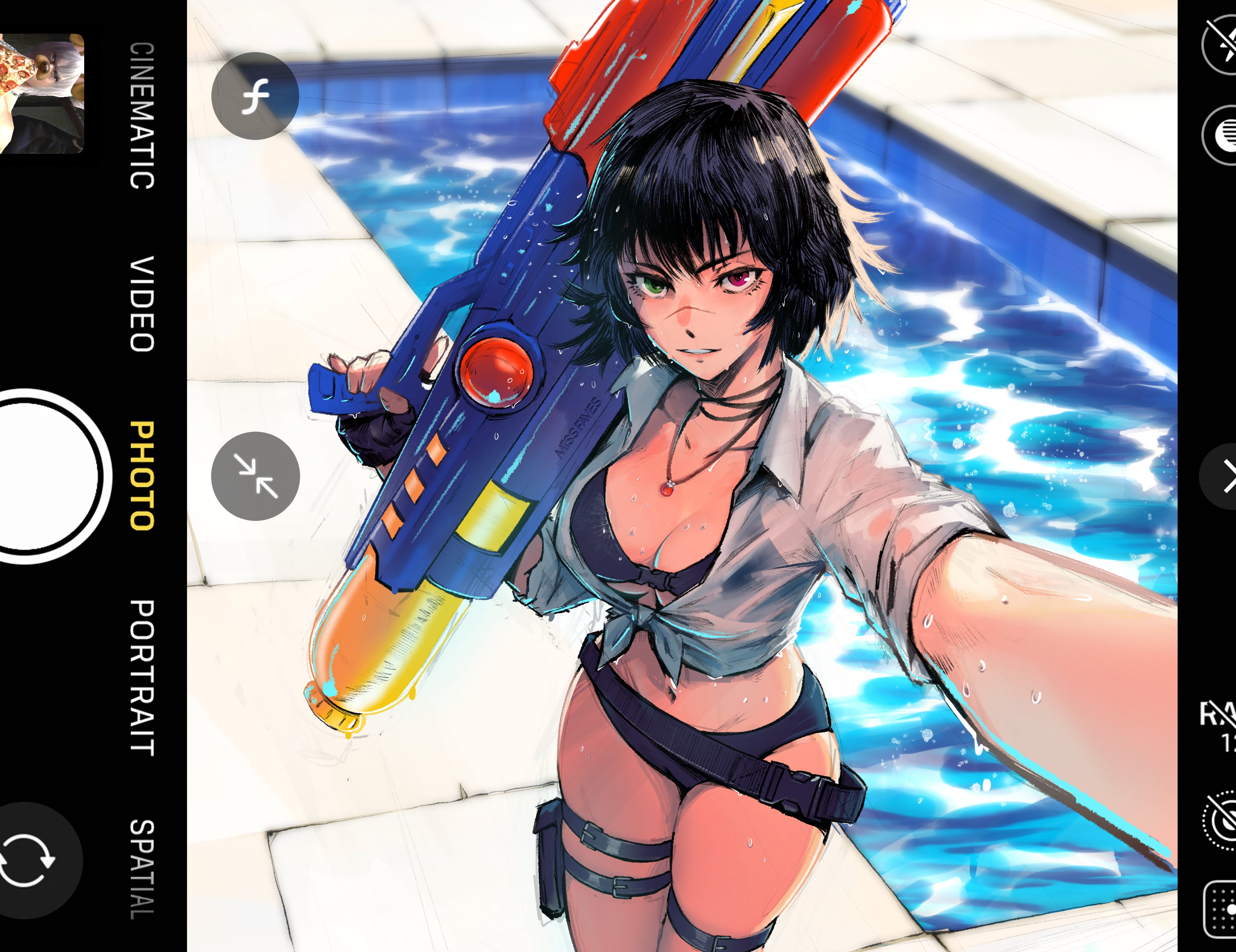 miss faves, dante (devil may cry), lady (devil may cry), devil may cry (series), absurdres, commentary, english commentary, highres, 1girl, bikini, black bikini, black hair, breasts, green eyes, heterochromia, holding, holding phone, holding water gun, jewelry, large breasts, navel, necklace, parted lips, phone, red eyes, scar, scar on face, scar on nose, shirt, short hair, solo, swimsuit, tied shirt, water gun, wet