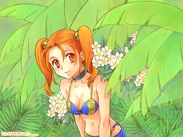 ogretree, saikachi, saikachi (ogre tree), jessica albert, dragon quest, dragon quest viii, square enix, 1girl, alternate costume, bikini, blue bikini, collar, female focus, flower, leaning forward, long hair, looking at viewer, magic bikini, magic bikini (dq), navel, o-ring, o-ring bikini, o-ring bottom, o-ring top, orange hair, red eyes, red hair, sarong, smile, solo, swimsuit, tree, twintails