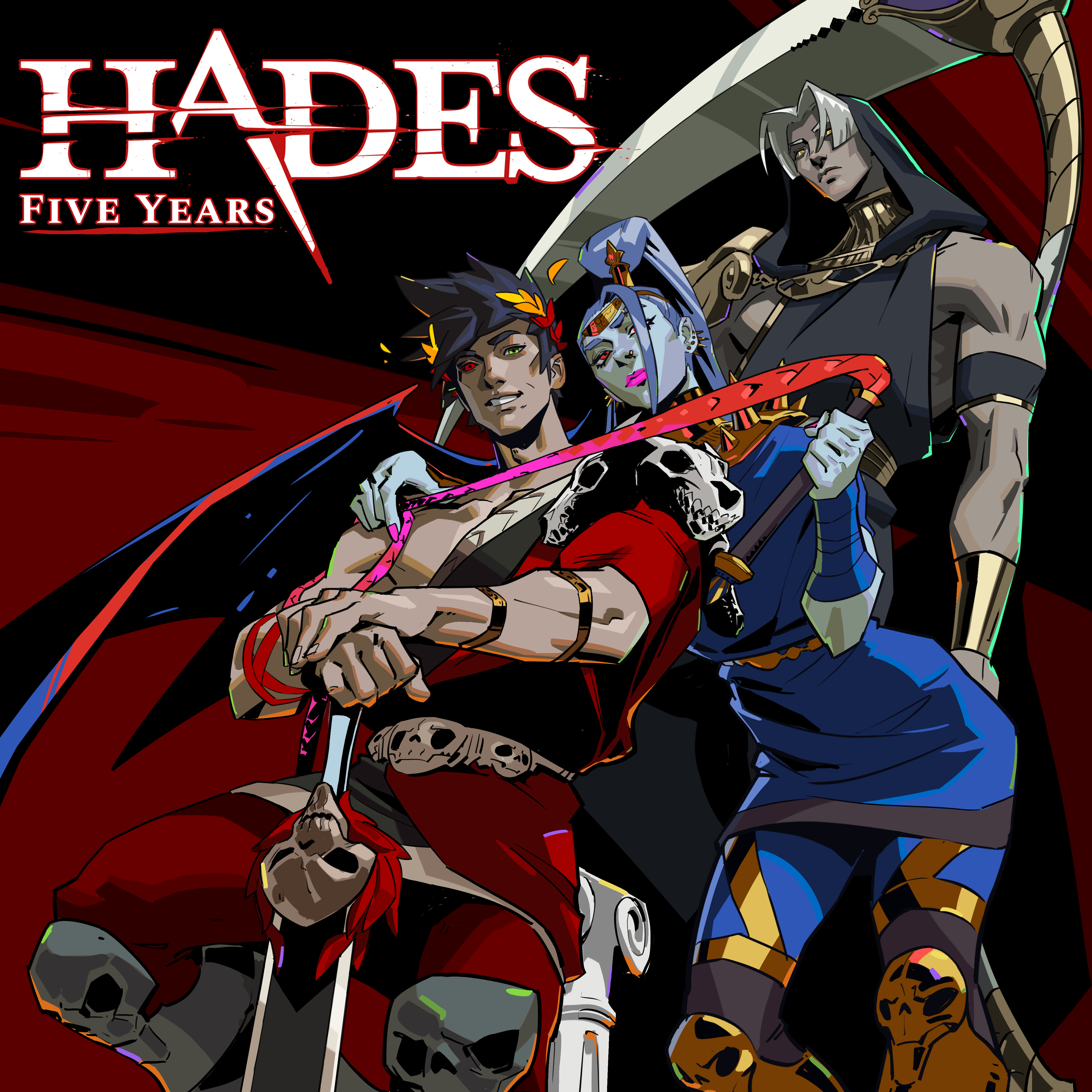 jeremy anninos, megaera (hades), thanatos (hades), zagreus (hades), hades (series), hades 1, absurdres, commentary, english commentary, highres, official art, 1girl, 2boys, anniversary, black hair, colored skin, greco-roman clothes, grey hair, grey skin, heterochromia, holding, holding scythe, hood, laurel crown, mismatched sclera, multiple boys, pink lips, ponytail, scythe, single wing, smile, sword, weapon, wings