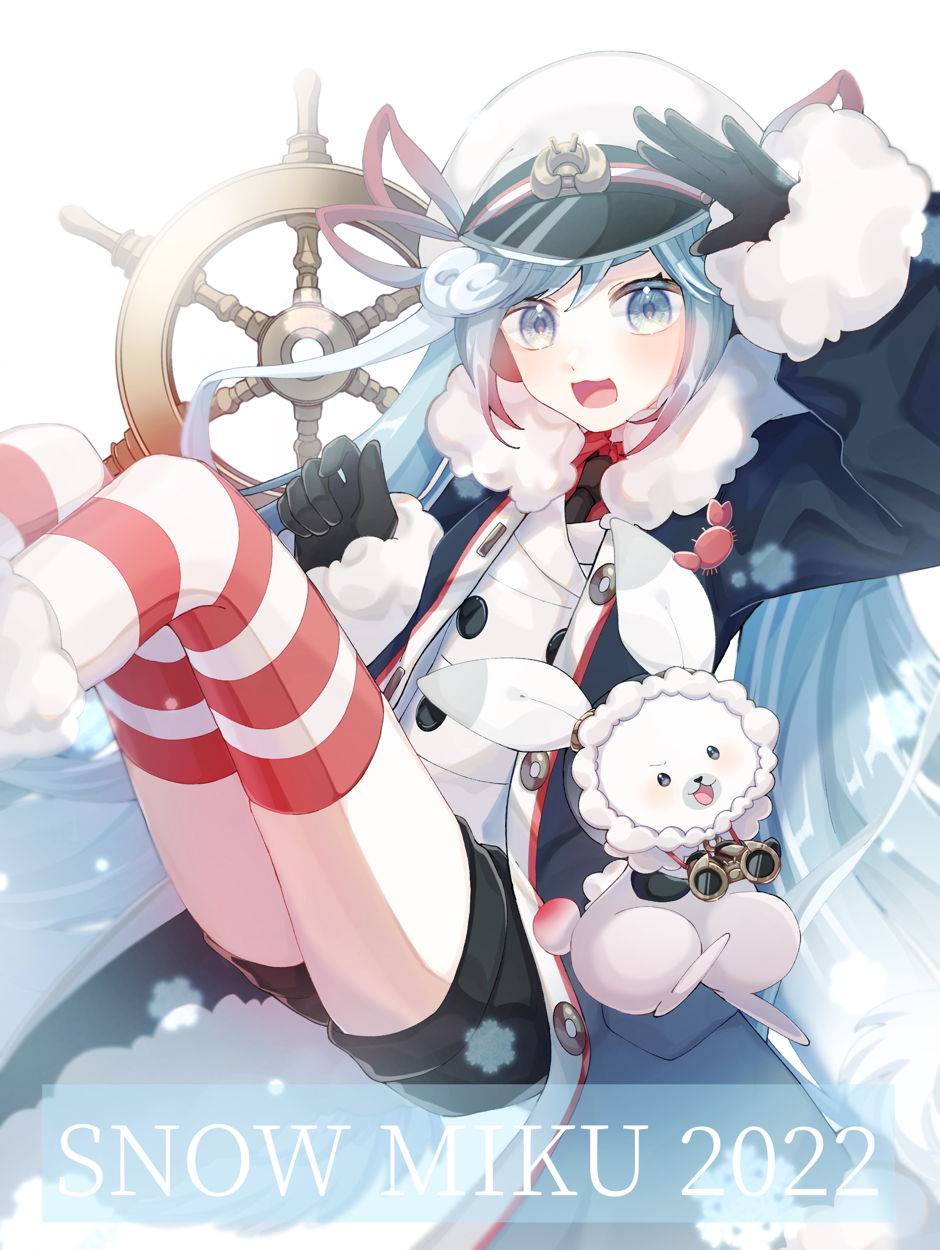 kagamirror02, hatsune miku, rabbit yukine, yuki miku, yuki miku (2022), vocaloid, absurdres, highres, 1girl, aqua eyes, aqua hair, binoculars, black coat, black gloves, black necktie, black shorts, character name, closed mouth, coat, fur-trimmed coat, fur-trimmed sleeves, fur trim, gloves, gradient hair, hair ribbon, hat, jacket, kimiiro marine snow (vocaloid), long hair, long sleeves, looking at viewer, looking through scope, miku day, multicolored hair, necktie, official alternate costume, official alternate hairstyle, rabbit, red hair, red ribbon, red shirt, ribbon, sailor hat, ship's wheel, shirt, short shorts, shorts, simple background, smile, striped clothes, striped thighhighs, thick thighs, thighhighs, thighs, twintails, very long hair, white background, white hair, white jacket