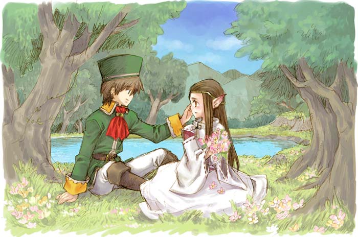 ogretree, saikachi, saikachi (ogre tree), eltrio, xia (dq8), dragon quest, dragon quest viii, square enix, 1boy, 1girl, animal ears, brown eyes, brown hair, couple, day, dragon ears, dragon girl, dress, flower, hat, hetero, lake, long hair, monster girl, nature, outdoors, pointy ears, sitting, tree
