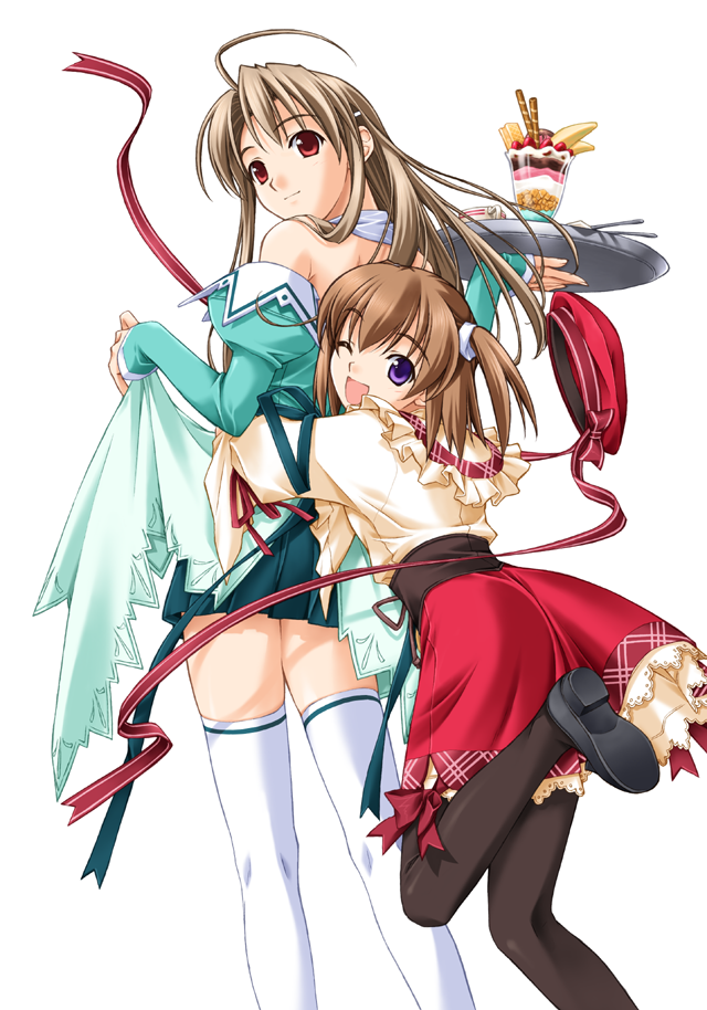 hashimoto takashi, aizawa tomomi, takai sayaka, pia carrot (series), pia carrot e youkoso!!, pia carrot e youkoso!! 3, 1990s (style), 2girls, ahoge, bare shoulders, blue eyes, brown hair, hat, long hair, multiple girls, pantyhose, purple eyes, red eyes, ribbon, short hair, thighhighs, waitress, wink, zettai ryouiki