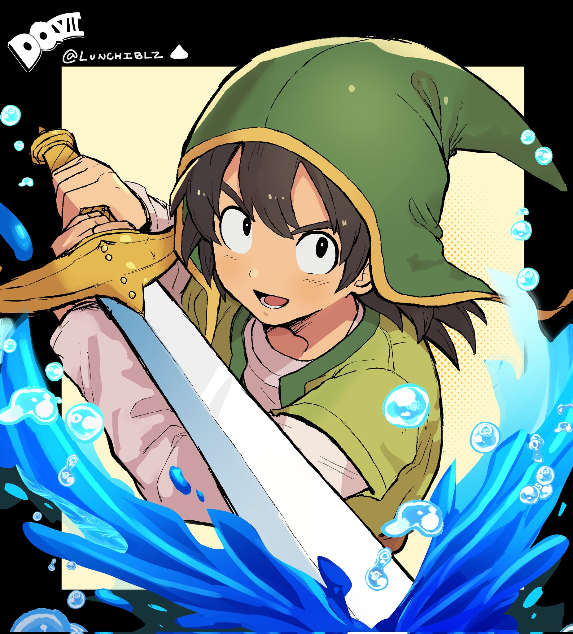 lunchiblz, hero (dq7), dragon quest, dragon quest vii, highres, 1boy, black eyes, black hair, green hat, green tunic, hat, holding, holding sword, holding weapon, open mouth, sword, tunic, upper body, water, weapon