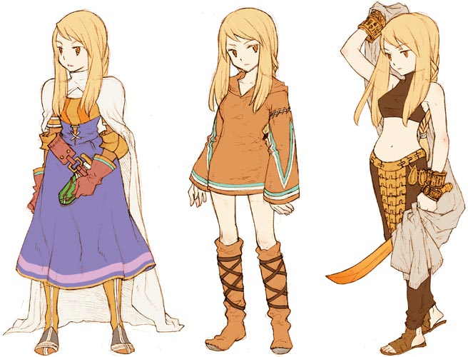 ogretree, saikachi, saikachi (ogre tree), agrias oaks, dancer (fft), geomancer (fft), knight (fft), final fantasy, final fantasy tactics, 3girls, armor, armored dress, blonde hair, boots, braid, cape, dress, feet, gloves, long hair, midriff, multiple girls, red eyes, sandals, single braid, sword, toes, weapon