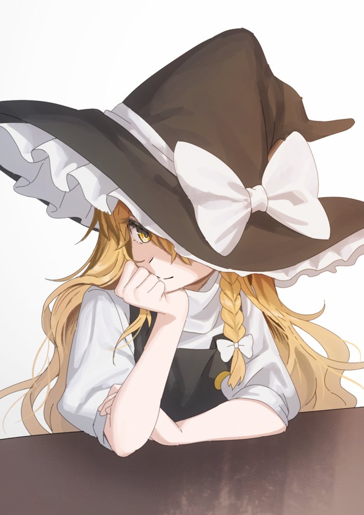 wanko sora, kirisame marisa, touhou, 1girl, black vest, blonde hair, braid, closed mouth, hair ribbon, hat, head rest, long hair, looking at viewer, one eye covered, ribbon, shirt, short sleeves, sitting, smile, solo, table, upper body, vest, white background, white shirt, witch hat, yellow eyes