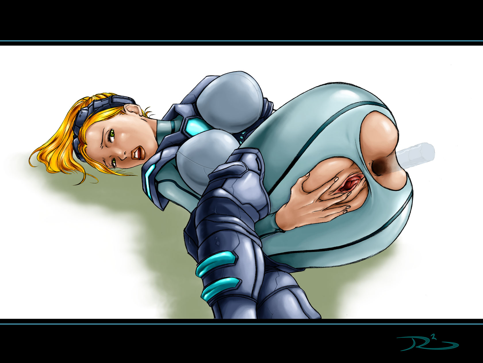 rennes (artist), november terra, starcraft, highres, anal, anus, blonde hair, bodysuit, breasts, dildo, ghost, large breasts, masturbation, pussy, skin tight, spread anus, spread pussy, torn clothes, uncensored