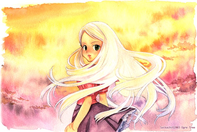 ogretree, saikachi, saikachi (ogre tree), ritz malheur, final fantasy, final fantasy tactics, final fantasy tactics advance, 1girl, female focus, green eyes, long hair, skirt, solo, white hair