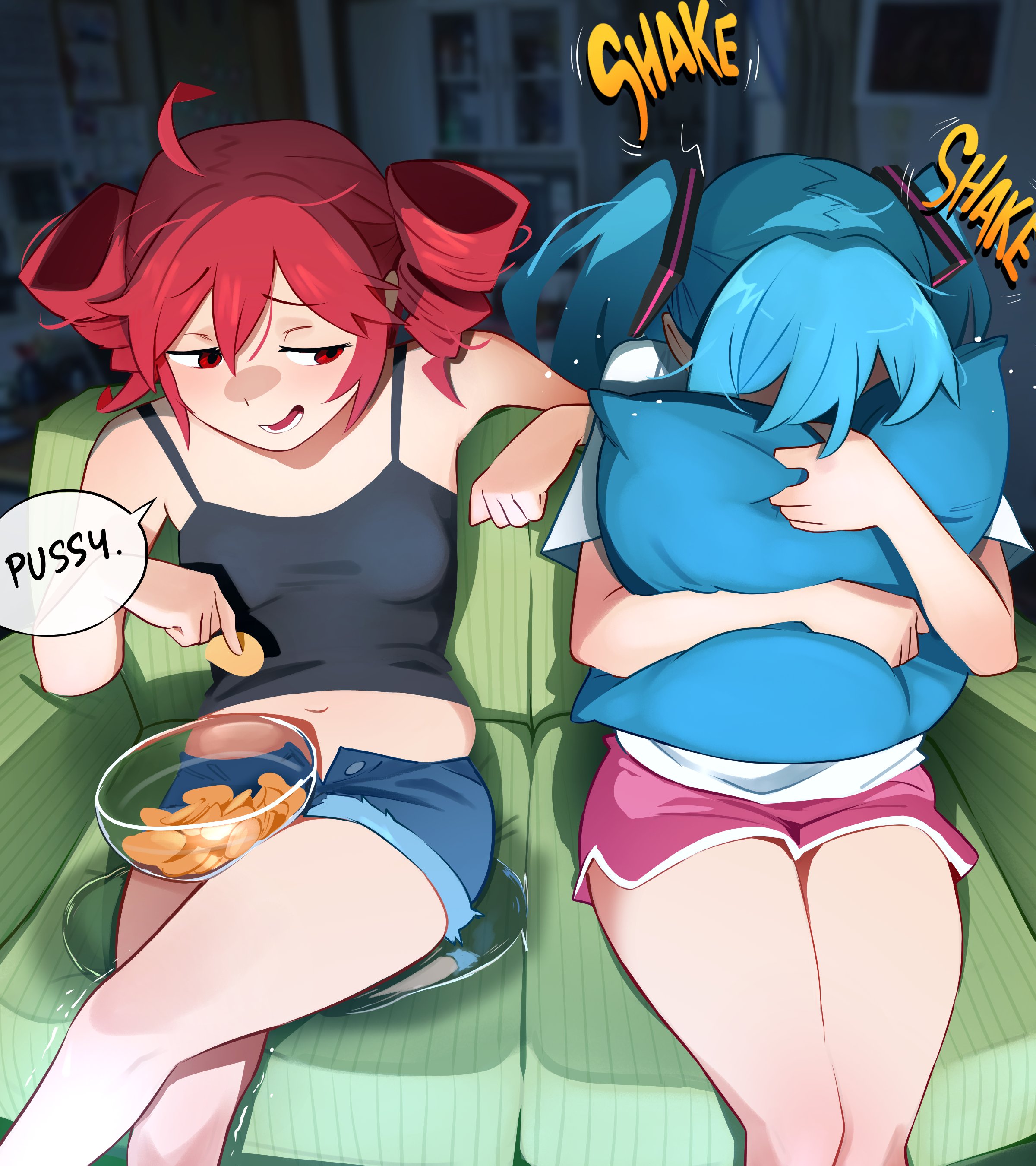 khyle., hatsune miku, kasane teto, utau, vocaloid, absurdres, commentary, english commentary, highres, aqua hair, black camisole, blue shorts, blurry, blurry background, bowl, breasts, camisole, chips (food), couch, cutoffs, drill hair, english text, food, hair between eyes, holding, holding food, hugging object, indoors, looking to the side, lower teeth only, motion lines, multiple girls, navel, on couch, open fly, open mouth, pillow, pillow hug, pink shorts, potato chips, pussy juice, pussy juice puddle, red hair, scared, shirt, short sleeves, shorts, sitting, small breasts, sound effects, speech bubble, teeth, thighs, trembling, twin drills, twintails, white shirt
